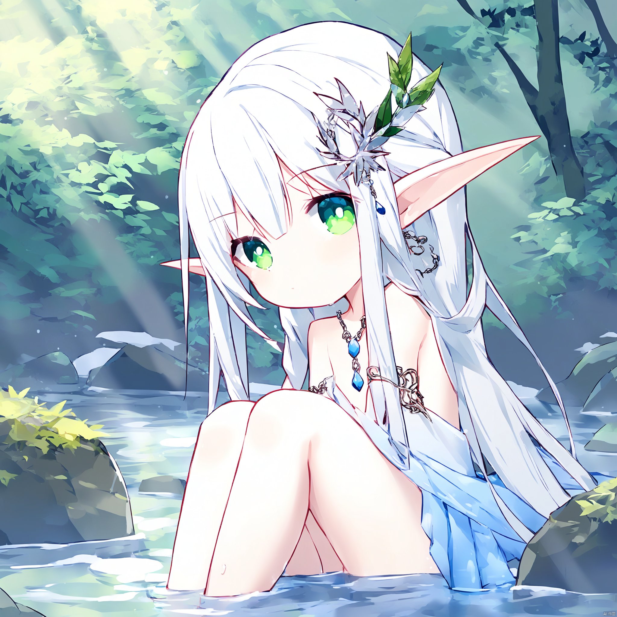 Best quality,(((masterpiece))),(((bestquality))),((ultra-detailed)),(illustration),((anextremelydelicateandbeautiful)),dynamicangle,floating,(beautifuldetailedeyes),(detailedlight)1girl,pointyears,longhair,water,solo,elf,sitting,halfbody,whitehair,chain,greeneyes,toelesslegwear,barefoot,jewelry,lookingatviewer,feather,leaves,nature,(sunlight),river,(forest),(painting),(sketch),(bloom),(portrait:1.2),(butterflys:1.2),(tyndalleffect),obscure,