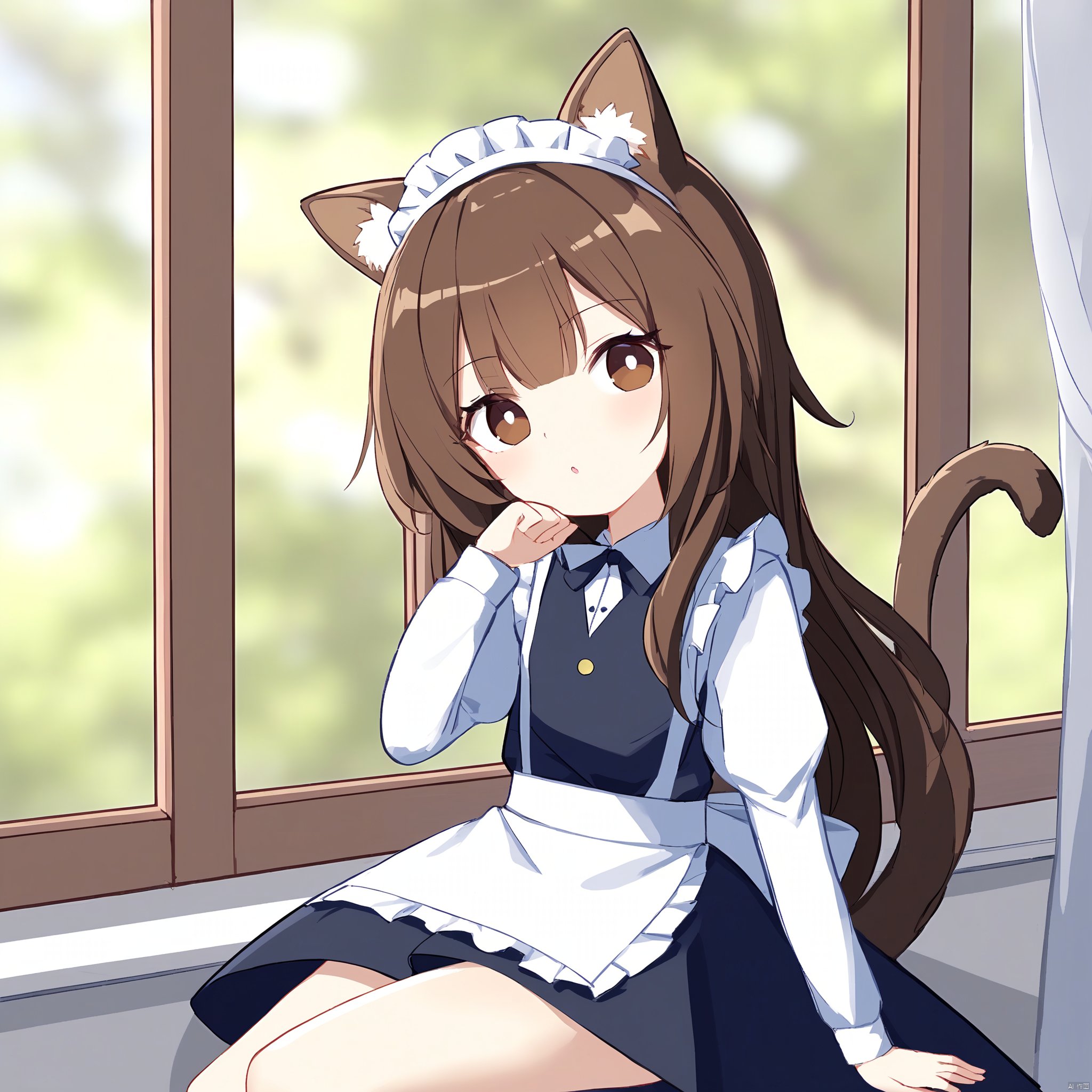 freshen,solo,1girl,animal ears,cat ears,looking at viewer,long hair,maid,indoors,bangs,brown hair,all fours,blurry,maid headdress,window,thighhighs,lips,frills,blunt bangs,brown eyes,closed mouth,fake animal ears,apron,Torino,