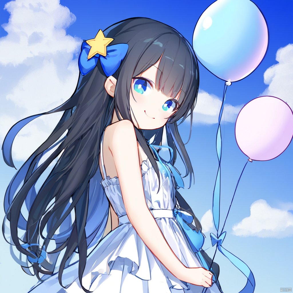 Q,1girl,solo,long hair,looking at viewer,smile,bangs,blue eyes,hair ornament,bow,holding,hair between eyes,closed mouth,upper body,hairband,outdoors,frills,sky,day,hairclip,star \(symbol\),blue sky,animal,cat,black hairband,gift,star hair ornament,multicolored eyes,balloon,