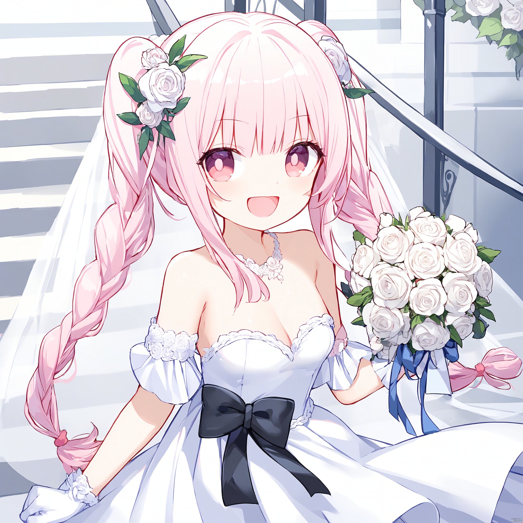 1girl, solo, long hair, breasts, looking at viewer, blush, smile, bangs, hair ornament, gloves, dress, bow, ribbon, holding, hair between eyes, bare shoulders, twintails, medium breasts, closed mouth, flower, white hair, frills, black gloves, hair flower, hair bun, white dress, double bun, black bow, rose, frilled dress, white flower, veil, pink flower, bouquet, stairs, wedding dress, skirt hold, bridal veil, white rose, pink rose, holding bouquet