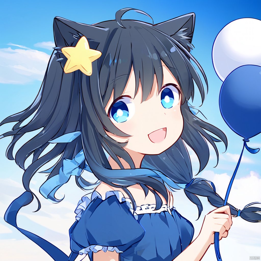 1girl, solo, long hair, looking at viewer, smile, bangs, blue eyes, hair ornament, bow, holding, hair between eyes, closed mouth, upper body, hairband, outdoors, frills, sky, day, hairclip, star \(symbol\), blue sky, animal, cat, black hairband, gift, star hair ornament, multicolored eyes, balloon,Q