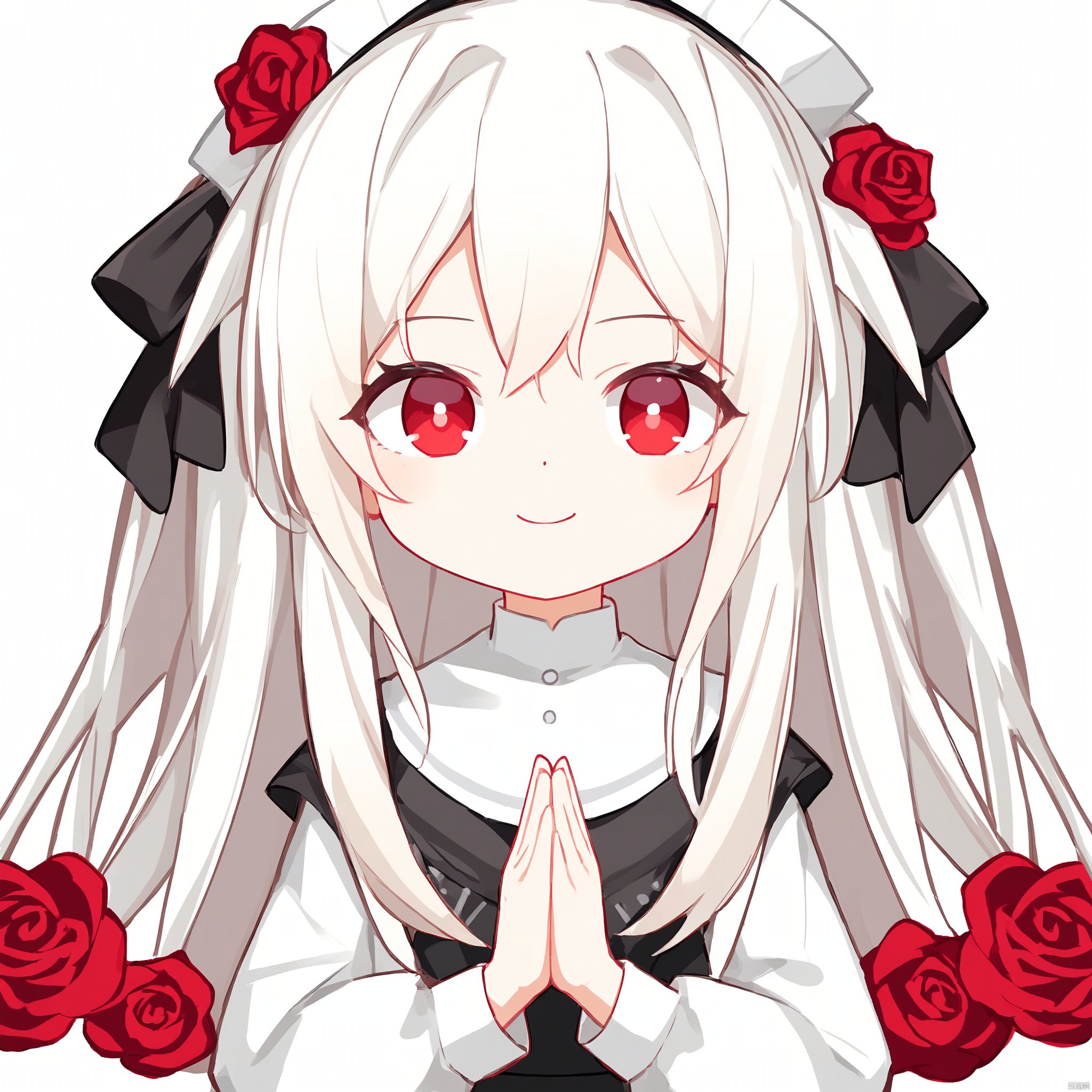 mercury,1girl,Noyu,0,white background,(cropped torso),line art,line style,(monochrome),ink splash,rose,tomb,cross, 1girl,solo, red eyes,white hair,long hair,curly hair,hair between eyes,large breasts, nun,long sleeves,see-through,white gloves,lace trim,black pantyhose, cowboy shot,seductive smile,half-closed eyes,looking at viewer,chibi, palms together,praying,own hands together,own hands clasped, masterpiece,bestquality,onnk,