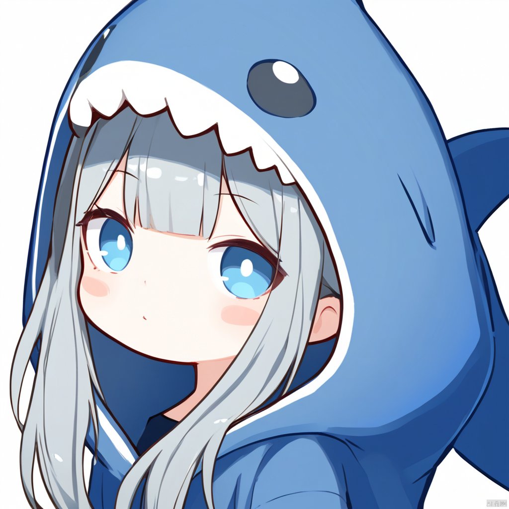 chibi,white glowing lines,dense translucent lines,various artist's styles,digital holographic style,virtual interaction,holographic projection,1girl,gawr gura,virtual youtuber,tail,fish tail,shark tail,solo,blue eyes,multicolored hair,grey hair,full body,blue hair,streaked hair,bangs,hair ornament,shark hair ornament,hood,blunt bangs,shark girl,hoodie,blue hoodie,lineart,