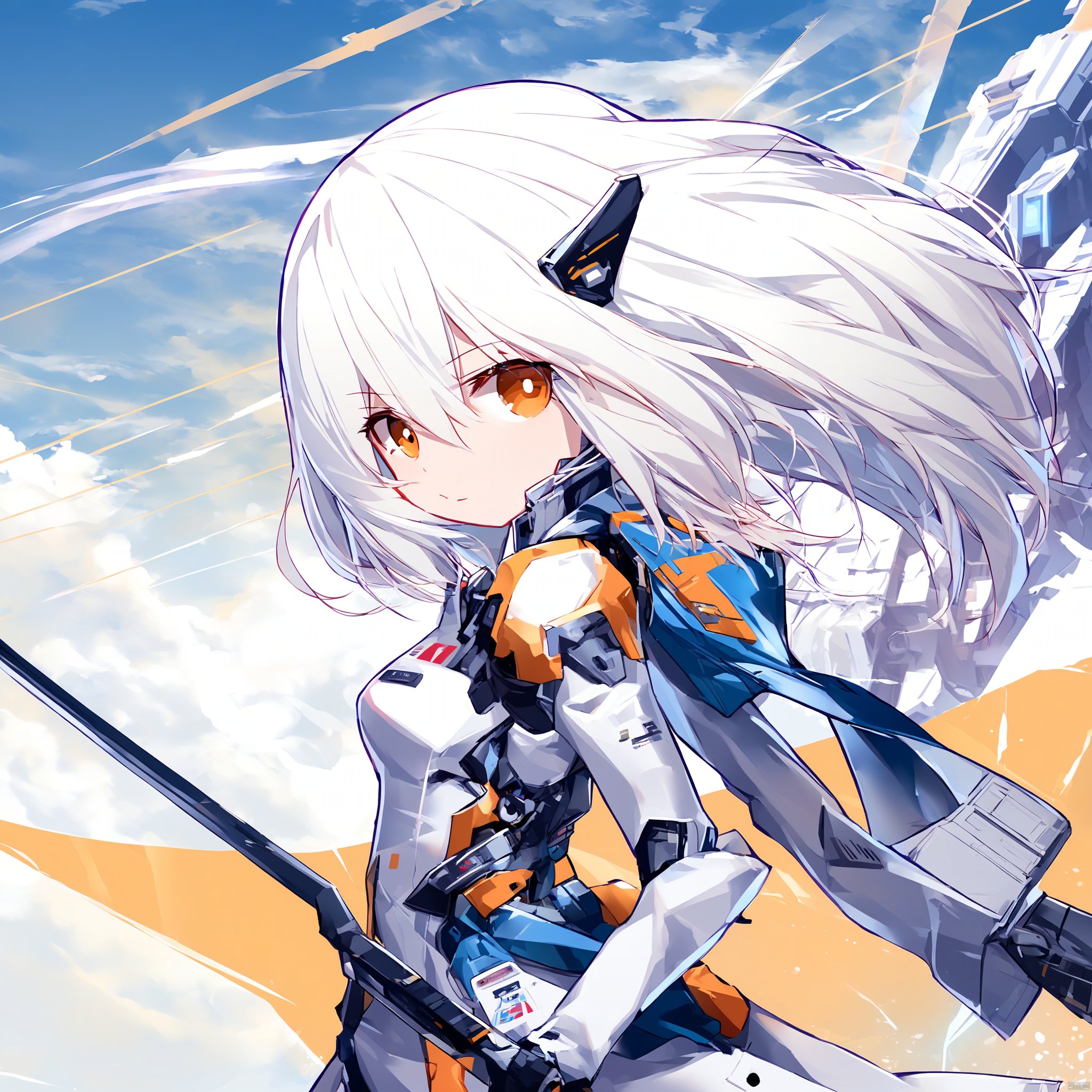 1girl,white hair,punk,tech,futuristic costume,Gundam background,Robot background,(Tsundere:1.5),A shot with tension,(Visual impact,giving the poster a dynamic and visually striking appearance:1.2),impactful picture,(full body:1.3),(masterpiece, best quality:1.2),offcial art,(colorful:0.6),splash of color,movie perspective,advertising style,magazine cover,(hime cut:1.4),long hair,straight_hair,(orange open_jacket:1.2),(heart_earrings:1.1),kneehighs,(rudder_footwear:1.1),goggles_on_head,