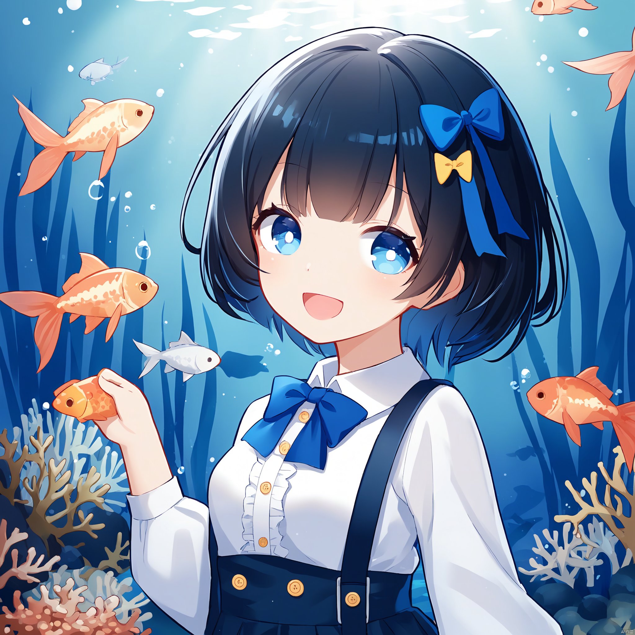 1girl, aquarium, skirt, solo, hair_ornament, looking_at_viewer, bangs, breasts, blush, smile, closed_mouth, shirt, long_sleeves, medium_breasts, blue_cardigan, dutch_angle, buttons, black_hair, blue_eyes, page_number, brown_hair, fish, water, cardigan, short_hair, shiny_hair, ribbon, shiny, open_clothes, braid, multicolored_hair, sleeves_past_wrists, hairclip, jacket, frills, hair_ribbon, white_shirt,(hqchr)