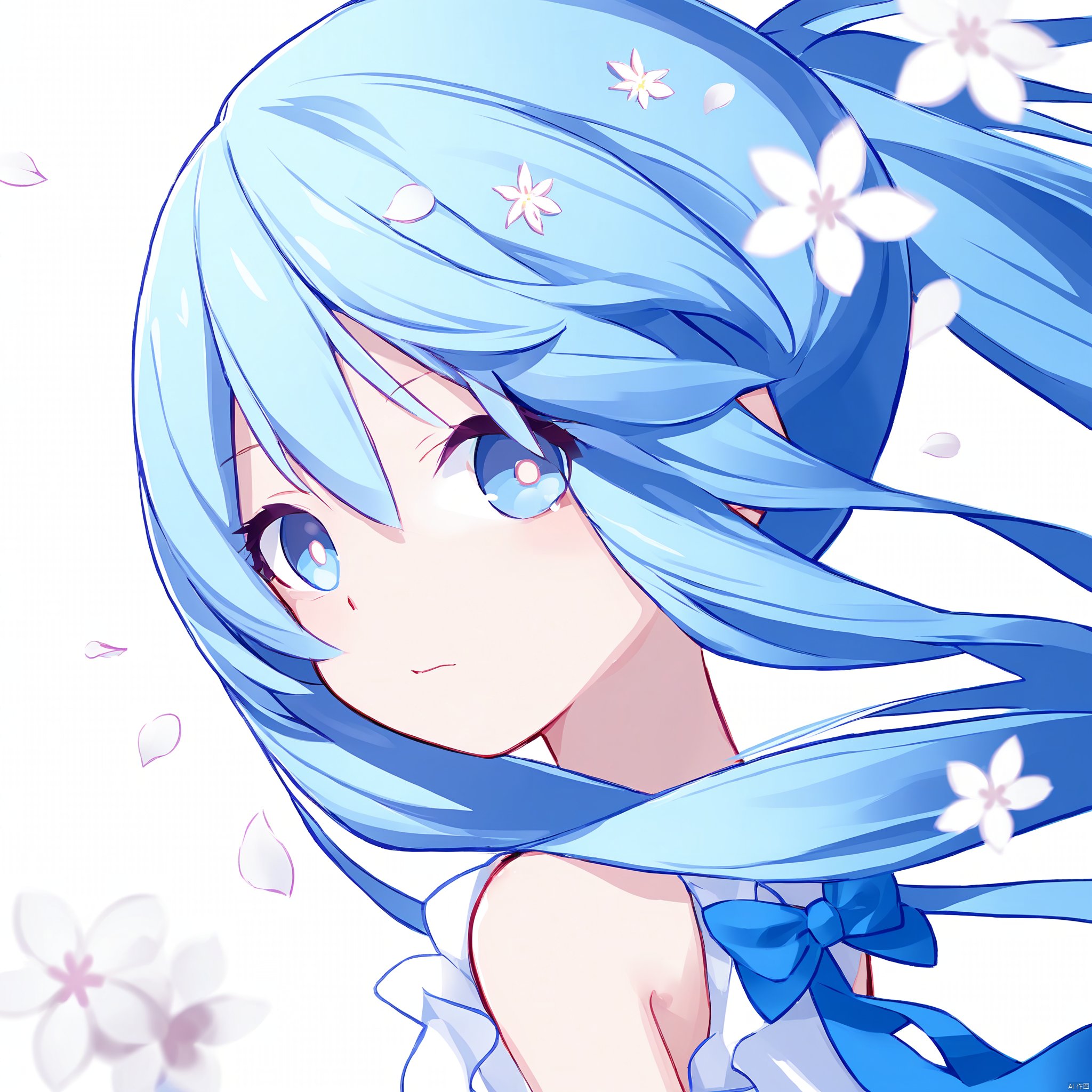 masterpiece, best quality, ultra-detailed, illustration, portrait, (miku), solo, face to viewer, looking at viewer, hair between eyes, cyan long hair, cyan medium eyes, round face, blush, a little sad, scarf, white dress, blue bowknot on chest, medium breasts, sakura blossoms, wind flow, floating petals.