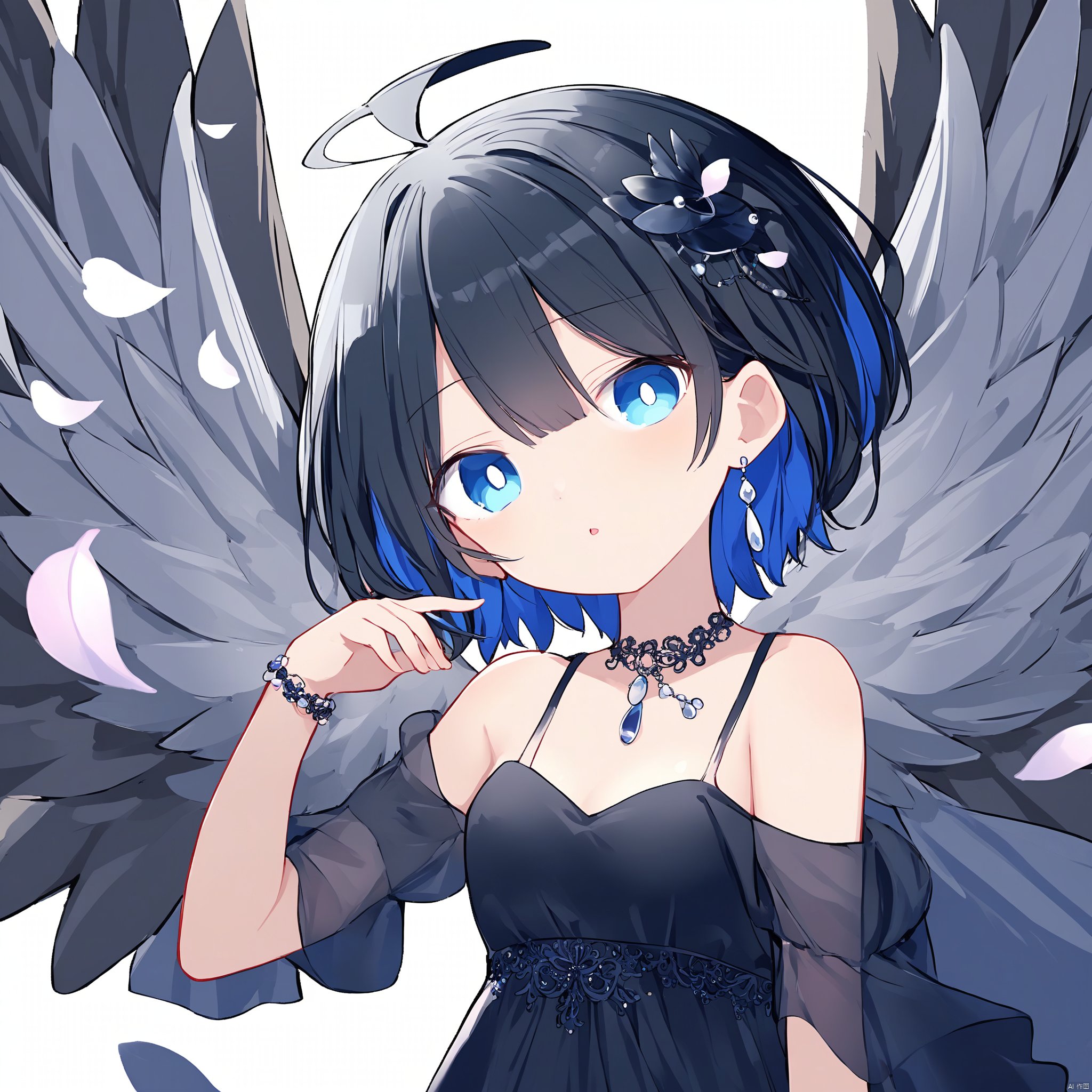 1girl, solo, breasts, looking at viewer, blush, short hair, bangs, blue eyes, black hair, hair ornament, long sleeves, dress, jewelry, medium breasts, earrings, parted lips, wings, black dress, petals, bird