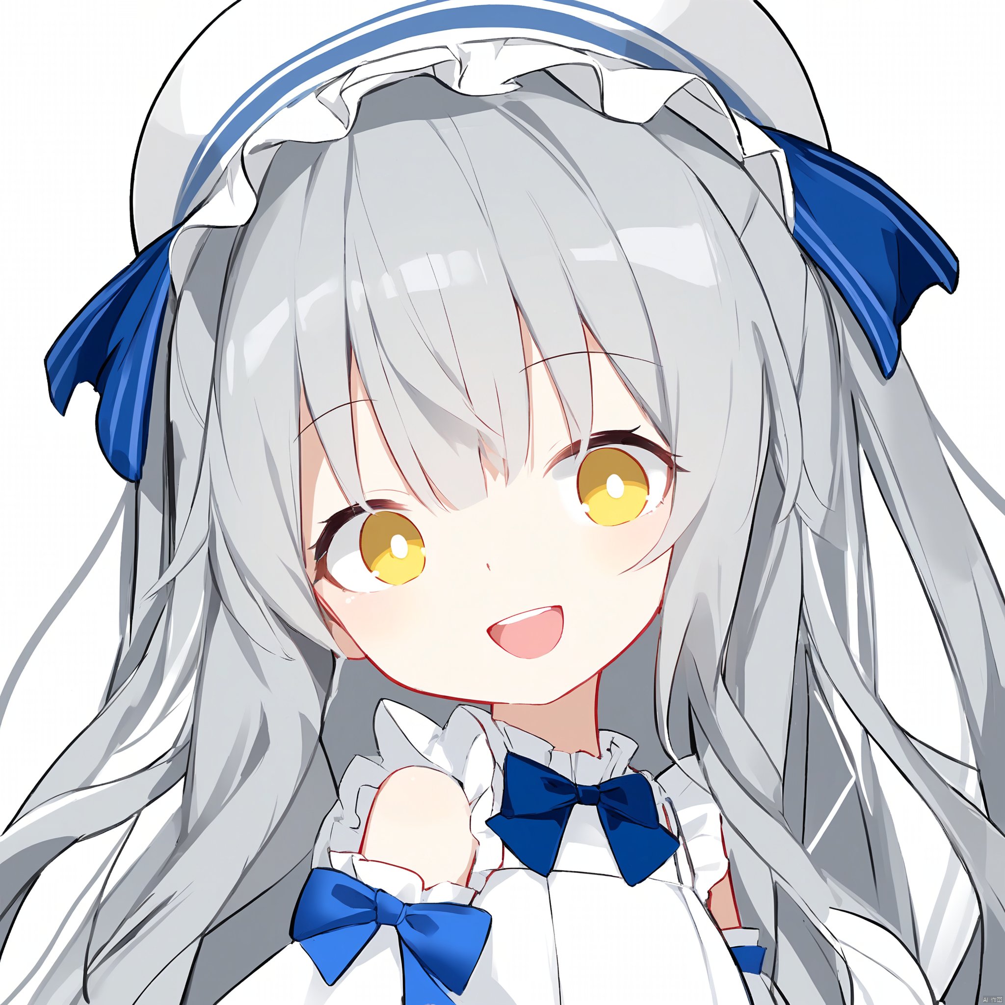 1girl,****,blush,looking at viewer,solo,grey hair,smile,open mouth,bow,yellow eyes,sleeves past wrists,sleeves past fingers,bangs,hair between eyes,upper body,:d,frills,long sleeves,skin ****,dress,white background,blue bow,veilmercury,Noyu,