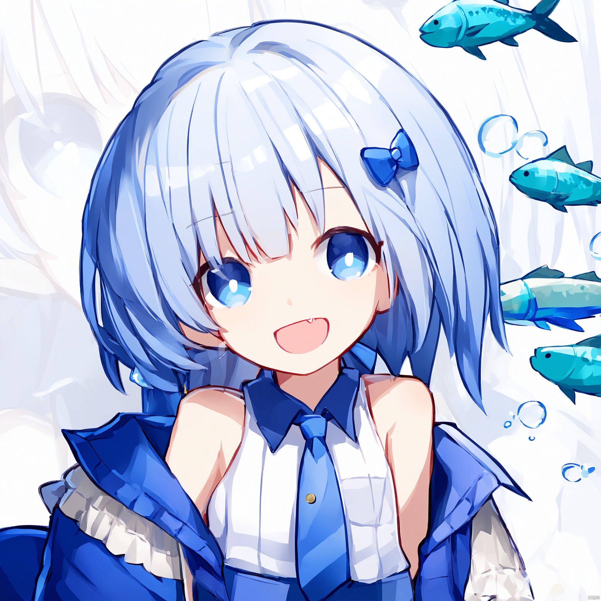 1girl, aquarium, skirt, solo, hair_ornament, looking_at_viewer, bangs, breasts, blush, smile, closed_mouth, shirt, long_sleeves, medium_breasts, blue_cardigan, dutch_angle, buttons, black_hair, blue_eyes, page_number, brown_hair, fish, water, cardigan, short_hair, shiny_hair, ribbon, shiny, open_clothes, braid, multicolored_hair, sleeves_past_wrists, hairclip, jacket, frills, hair_ribbon, white_shirt,(hqchr)