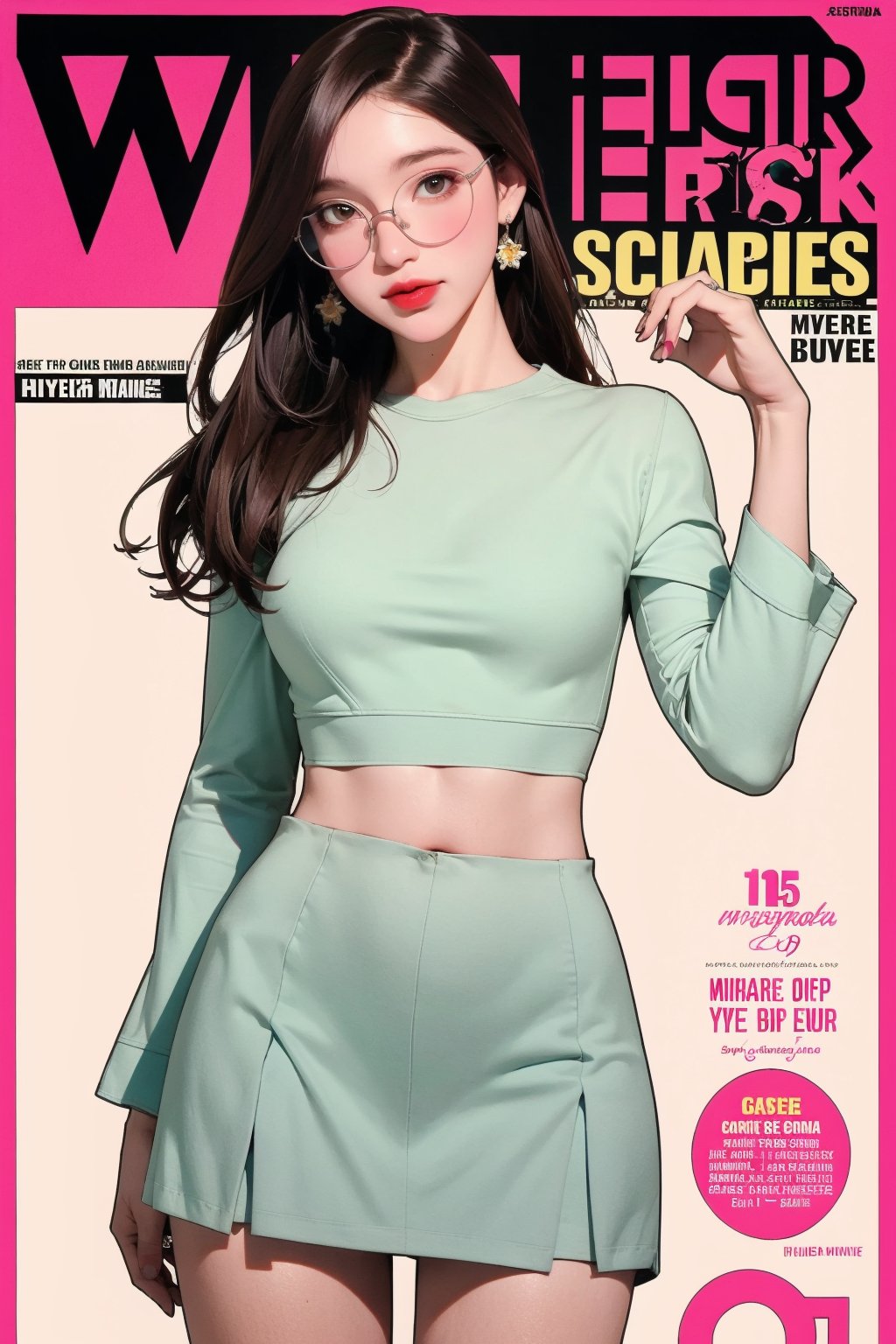 school girl outfit, 1girl, thigh up body, cutout clothes, styled shirt, skirt, midriff, looking at viewer, standing, earrings, eyewear, brown hair, makeup, eyeliner, magazine cover, best quality, masterpiece, hakil