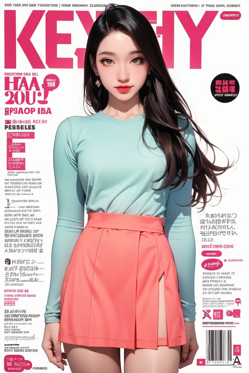 school girl outfit, 1girl, thigh up body, cutout clothes, styled shirt, skirt, looking at viewer, standing, detailed clothes, earrings, makeup, eyeliner, magazine cover, best quality, masterpiece, hakil