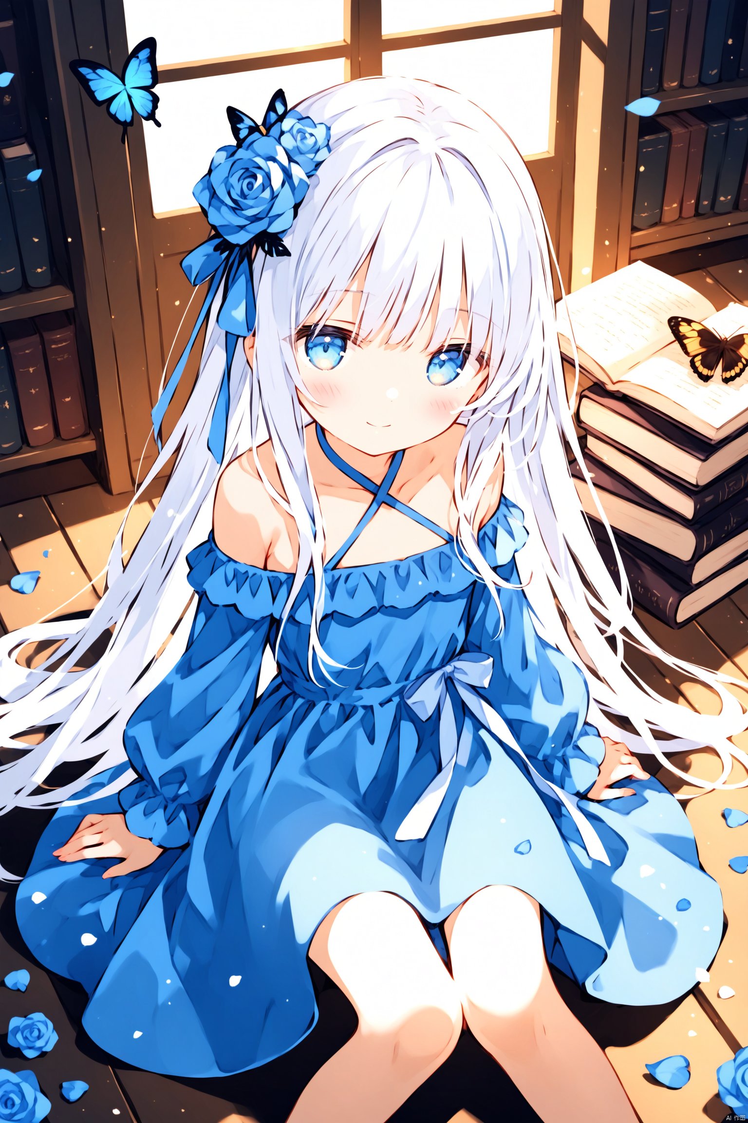 Elite,hqchr,loli,1girl,solo,long hair,looking at viewer,blush,smile,bangs,blue eyes,hair ornament,long sleeves,dress,ribbon,bare shoulders,sitting,very long hair,closed mouth,collarbone,hair ribbon,flower,white hair,puffy sleeves,indoors,hair flower,off shoulder,white dress,sleeves past wrists,book,petals,blue dress,rose,animal,halterneck,bug,butterfly,puffy long sleeves,blue flower,on floor,off-shoulder dress,criss-cross halter,blue rose,book stack,blue butterfly,