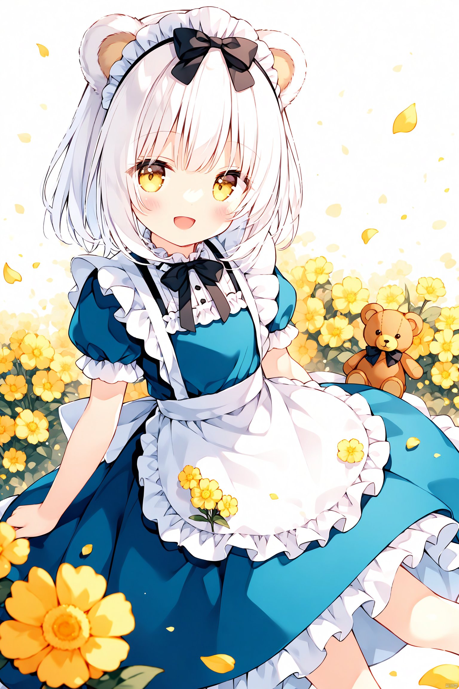 1girl, solo, stuffed toy, teddy bear, dress, stuffed animal, white apron, yellow flower, blue dress, smile, puffy sleeves, animal ears, short sleeves, puffy short sleeves, flower, yellow eyes, petals, frilled apron, apron, looking at viewer, blush, bear ears, frills, bow, white hair, :d, virtual youtuber, white background, maid headdress, black bow