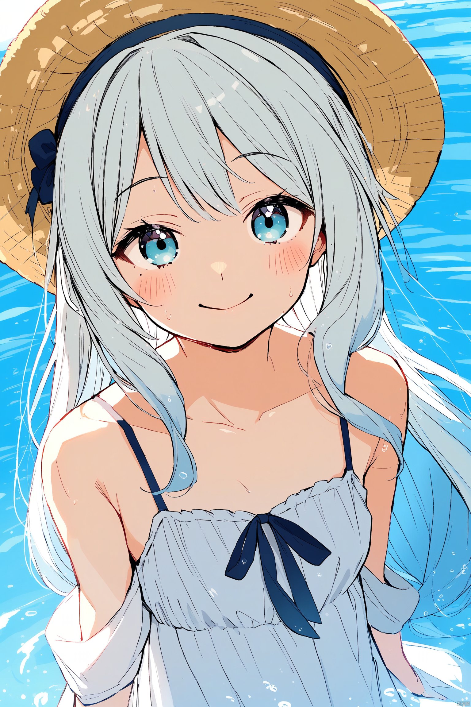 1girl, bangs, bare_shoulders, blue_eyes, brown_headwear, closed_mouth, dress, from_side, hat, hat_bow, hat_ribbon, hatsune_miku, long_hair, looking_at_viewer, off_shoulder, ribbon, smile, solo, straw_hat, sun_hat, very_long_hair, water, white_dress, white_ribbon