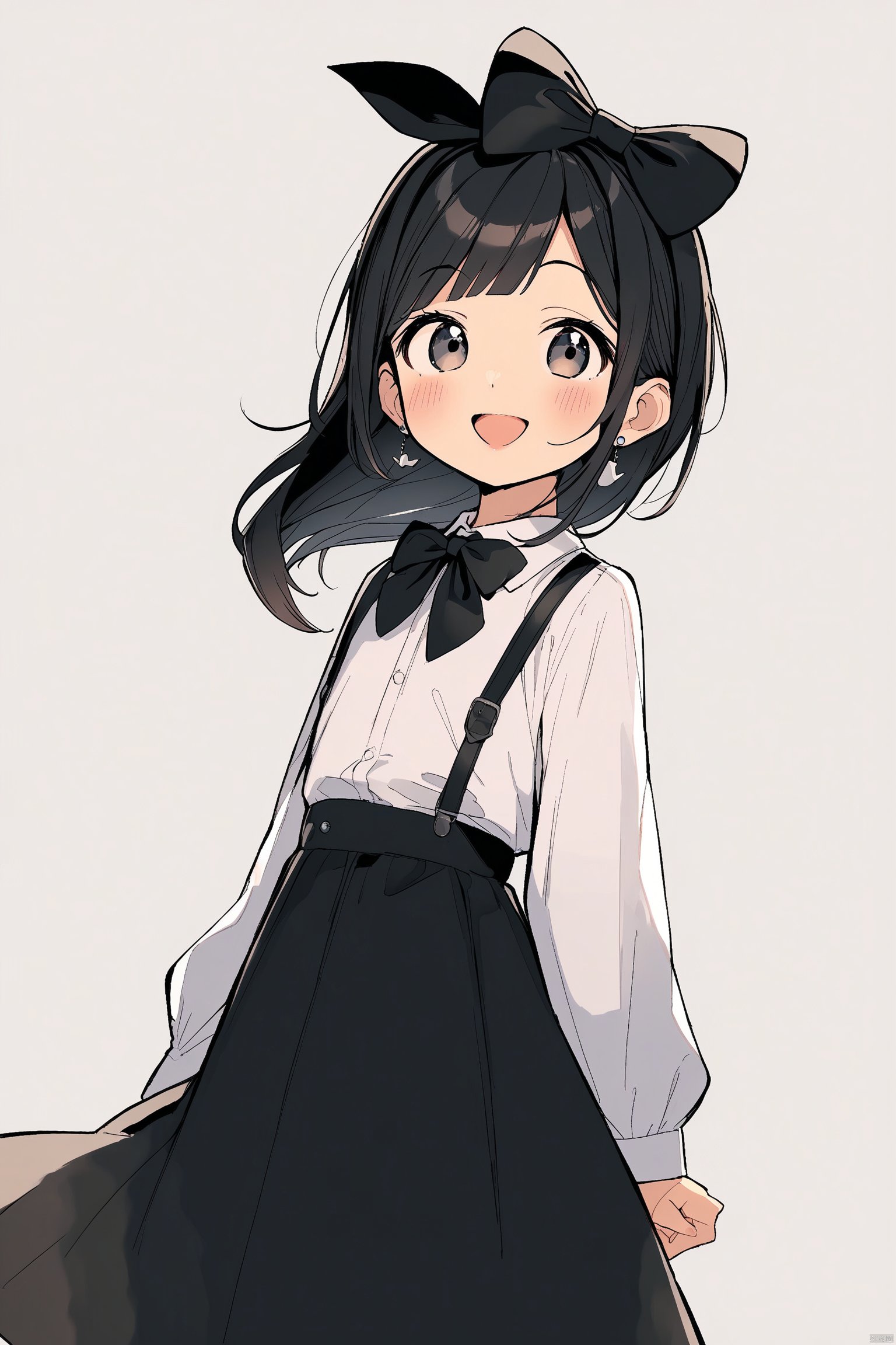 1girl, black_bow, black_skirt, bow, braid, bug, butterfly, earrings, full_body, gloves, hair_bow, hat, jewelry, long_hair, long_sleeves, looking_at_viewer, open_mouth, ribbon, shirt, skirt, smile, solo, standing, suspenders, white_shirt