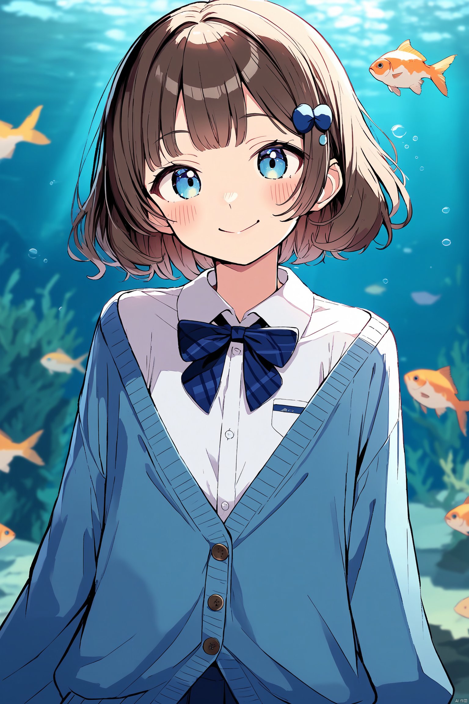 1girl, aquarium, skirt, solo, hair_ornament, looking_at_viewer, bangs, breasts, blush, smile, closed_mouth, shirt, long_sleeves, medium_breasts, blue_cardigan, dutch_angle, buttons, black_hair, blue_eyes, page_number, brown_hair, fish, water, cardigan, short_hair, shiny_hair, ribbon, shiny, open_clothes, braid, multicolored_hair, sleeves_past_wrists, hairclip, jacket, frills, hair_ribbon, white_shirt,(hqchr)