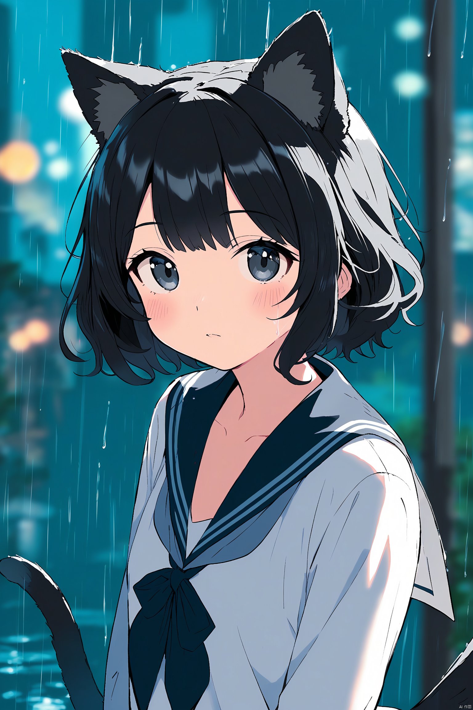 animal_ears, 1girl, black_hair, sailor_collar, solo, short_hair, cat_ears, school_uniform, serafuku, black_sailor_collar, upper_body, rain, shirt, white_shirt, long_sleeves, night, closed_mouth, scenery, bangs