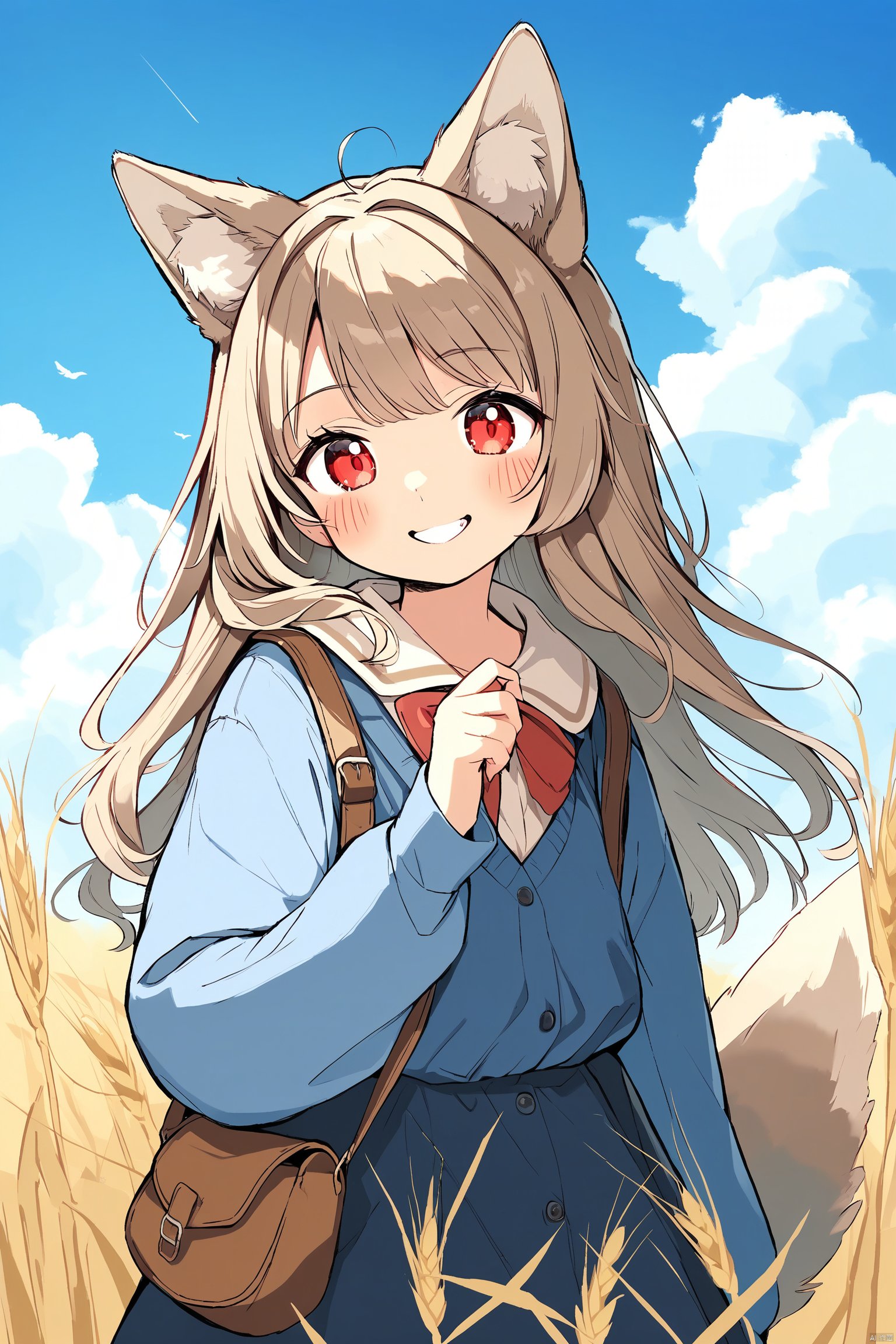 1girl, holo, animal_ears, long_hair, solo, brown_hair, wolf_ears, outdoors, sky, red_eyes, letterboxed, field, wheat, fang, looking_at_viewer, wolf_girl, cloud, day, smile, hand_in_own_hair, vest, blue_sky, shirt, blush, pouch