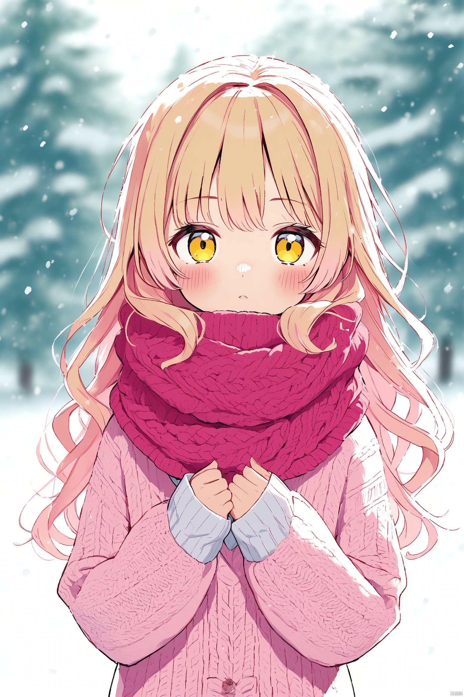 (masterpiece),(best quality),1girl, loli, solo, pink hair, long hair, yellow eyes, wearing pink knitted sweater, white collar poking out, red scarf wrapped around neck, rosy cheeks from cold, standing outdoors in winter scene, snowing lightly, snowflakes in hair, pine trees dusted white behind, looking ahead, cropped close-up composition, focus on face and upper body, intricate sweater details, photorealistic knit textures, vivid expression, hands in sweater pockets, (masterpiece quality illustration), (intricately detailed)
