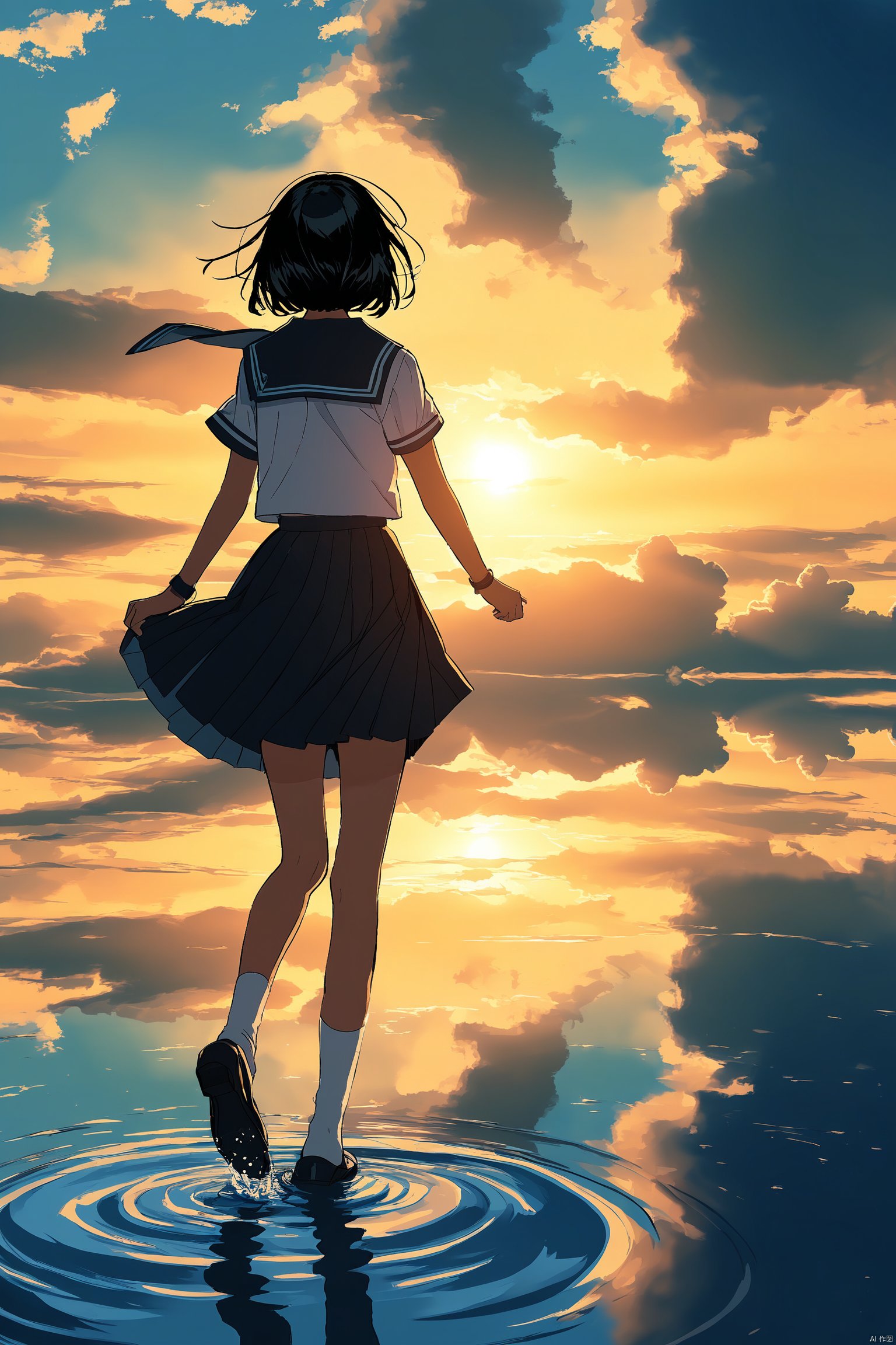 cloud, black_hair, school_uniform, skirt, sky, reflection, ripples, scenery, serafuku, long_hair, outdoors, walking_on_liquid, shirt, outstretched_arms, water, from_above, spread_arms, short_sleeves, black_skirt, white_shirt, cloudy_sky, pleated_skirt, sailor_collar, walking, standing, wading, sunset, short_hair, from_behind