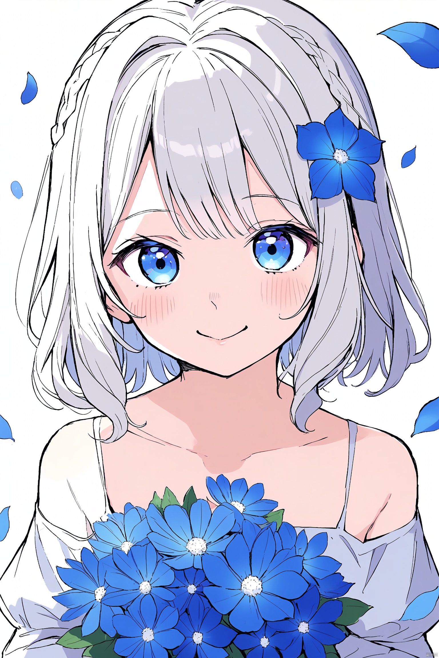 1girl, flower, solo, blue eyes, smile, kiana kaslana, looking at viewer, holding, white hair, hair ornament, long hair, braid, closed mouth, bangs, short sleeves, petals, hair between eyes, bouquet, blue flower, ahoge, purple flower
负向提示