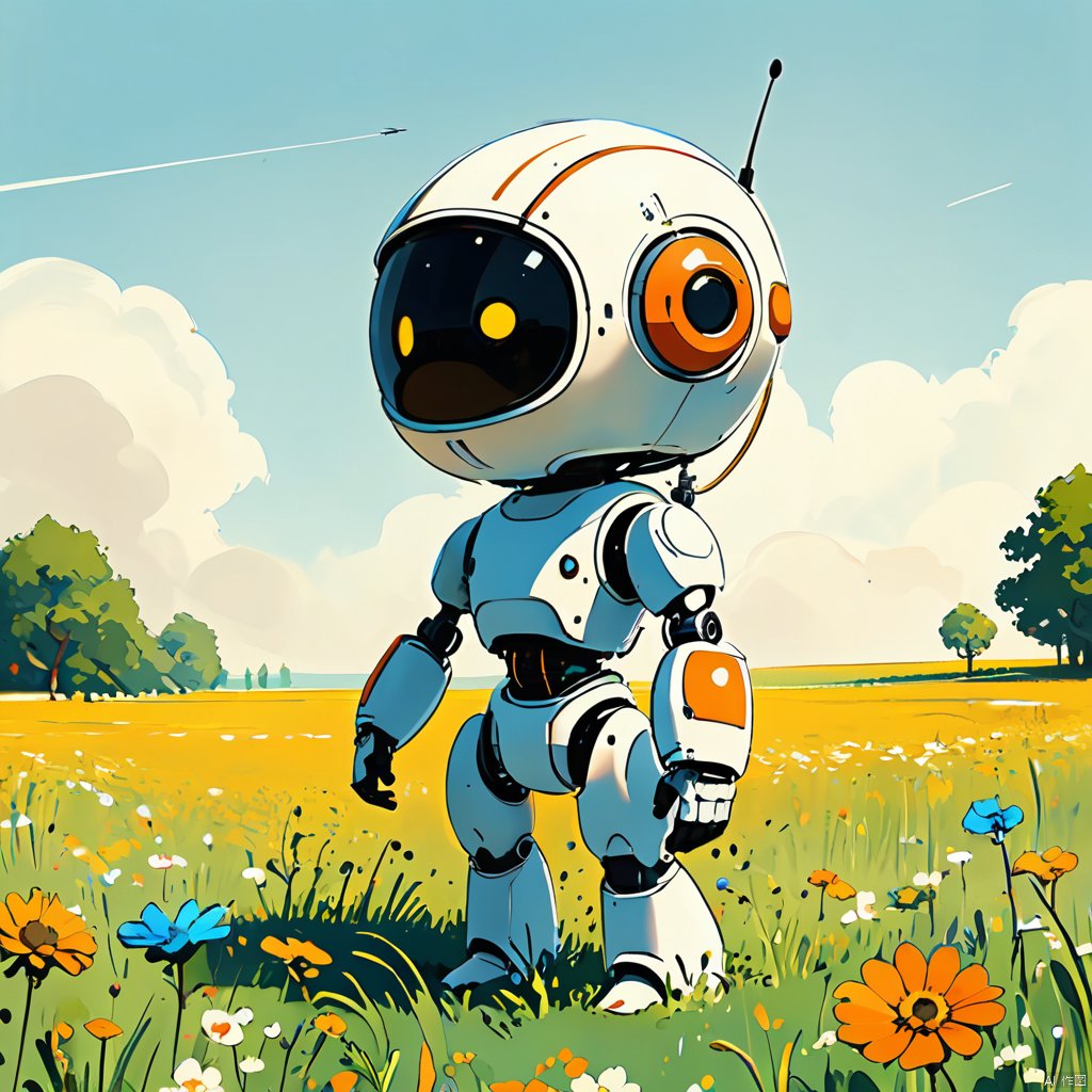 robot, futuristic, retro style, large helmet, colorful visor, blue visor, red visor, mechanical limbs, standing in a field, wildflowers, floral, daisies, anthropomorphic, rust, dirt, weathered, illustration, digital painting, detailed, whimsical, white background, science fiction, steampunk elements, nature, contrast, artistic, concept art, character design,