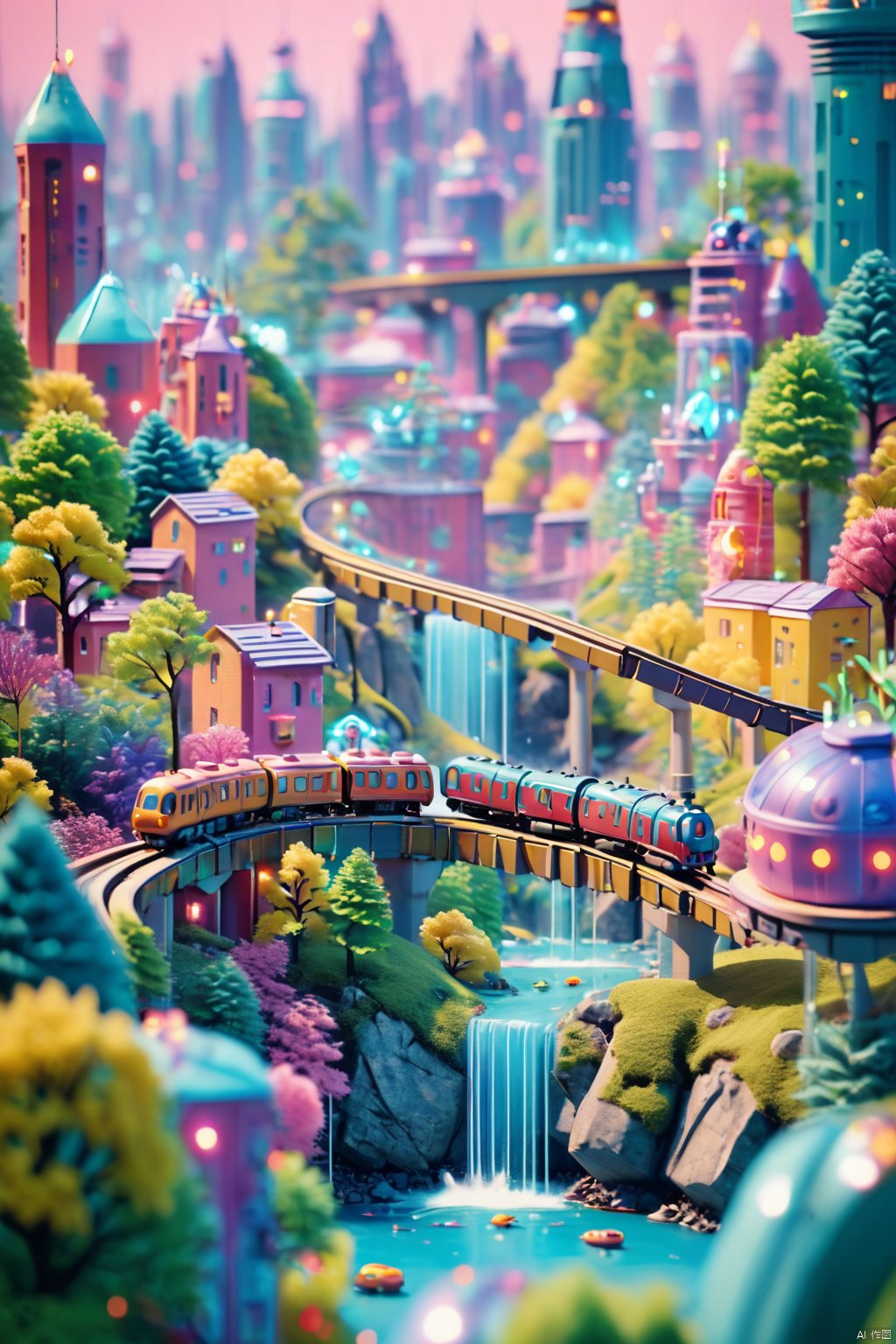 absurdres, mini world, in the micro-Future City, the city are covered with colorful mini-neon lights, the crystal ice drops rolling to drop, the small high-speed train shuttling on the cableway tilt shift,excellent lighting,super detail, depth of field, science fiction, Cyberpunk, colorful, masterpiece, best quality,((high saturation)),((ultra-detailed)),Fujifilm,outdoors, no humans, building, cityscape, skyscraper, waterfall