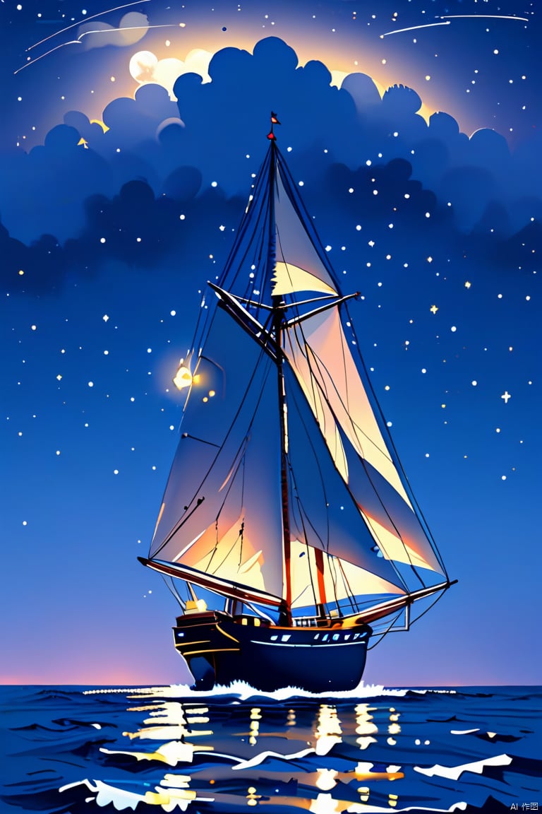 A majestic sailing vessel, its hull adorned with twinkling constellations, sets sail on a starry night sea. The moon casts a gentle glow, illuminating the rippling waves as the ship's lanterns flicker to life, like tiny beacons guiding dreams.,kkla