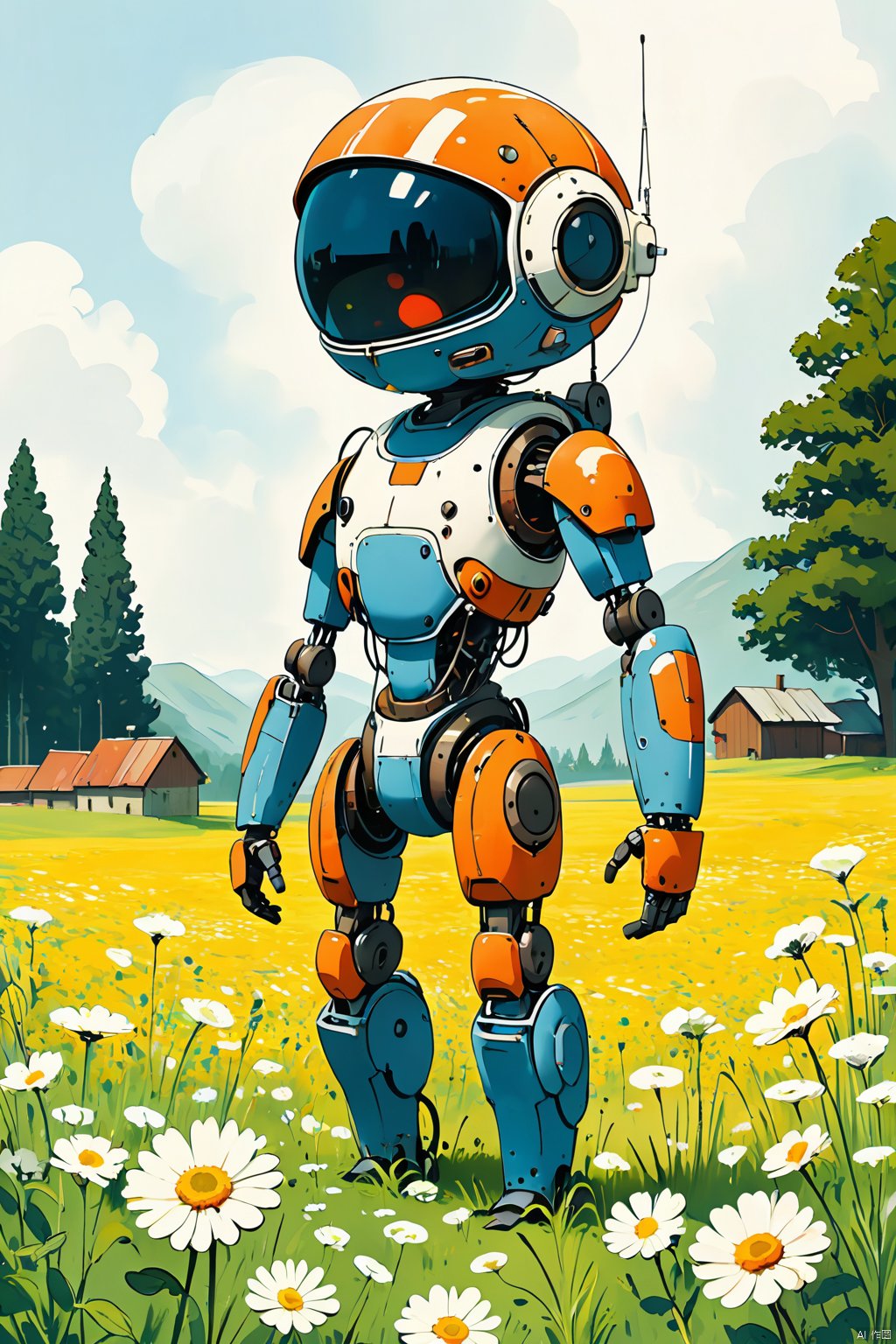 robot, futuristic, retro style, large helmet, colorful visor, blue visor, red visor, mechanical limbs, standing in a field, wildflowers, floral, daisies, anthropomorphic, rust, dirt, weathered, illustration, digital painting, detailed, whimsical, white background, science fiction, steampunk elements, nature, contrast, artistic, concept art, character design,