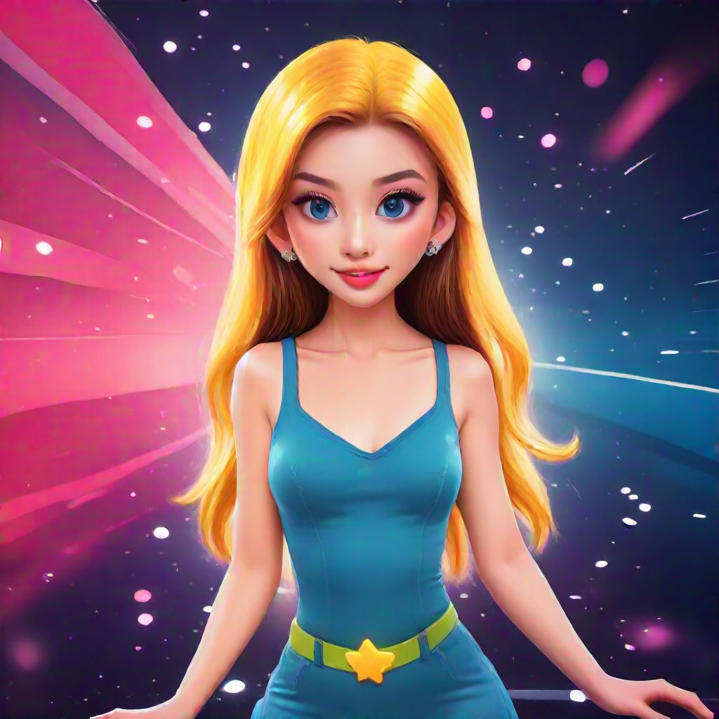 A single girl, depicted in a vibrant movie cartoon style, stands center frame. She has expressive, large eyes and a playful, animated pose. The scene is brightly lit with a colorful, whimsical background, capturing the essence of a classic animated film. The composition emphasizes her character's charm and the dynamic, fluid lines typical of cartoon animation.