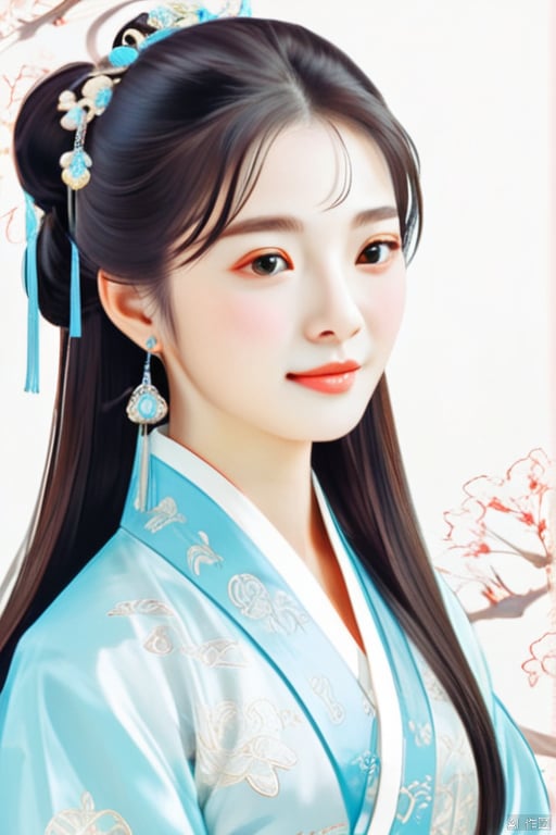 1girl,hanfu,,smile,upper body,delicate facial features,(best quality),((masterpiece)),(an extremely delicate and beautiful),original,extremely detailed wallpaper,glasscandypaper