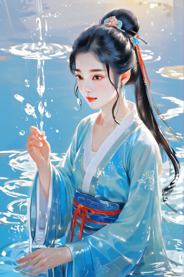 1girl,hanfu,,smile,upper body,delicate facial features,water,(best quality),((masterpiece)),(an extremely delicate and beautiful),original,extremely detailed wallpaper,gufeng-style,ink