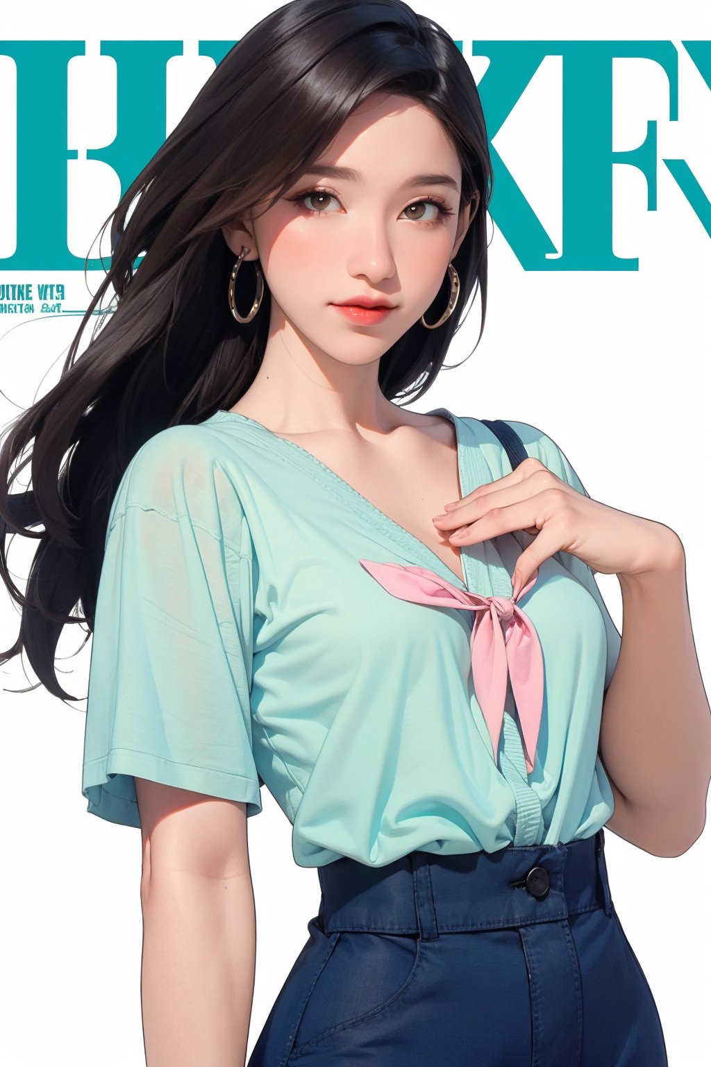 ((both hands down,)) colorful school girl outfit, 1girl, hip up body, standing, cutout clothes, transparent shirt, looking at viewer, earrings, makeup, thick eyeliner, blue eyelens, magazine cover, green background, hakil