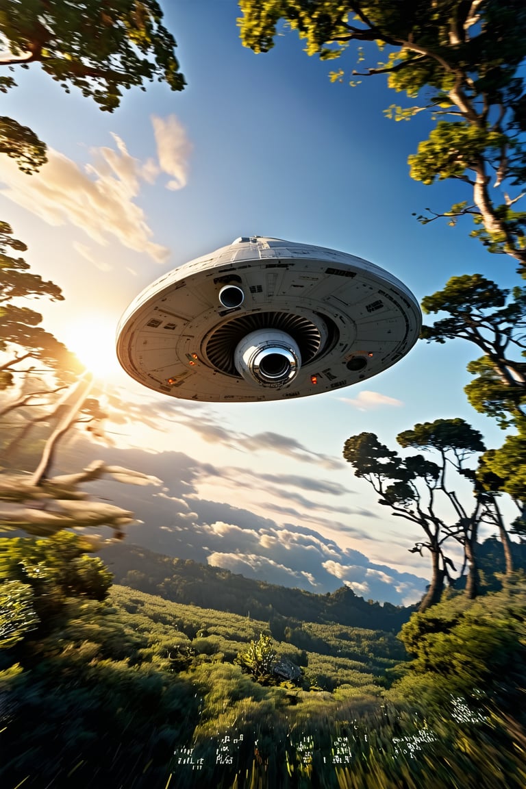 realistic photo of starship,flying over Amazon forest at high speed,rear view,thrusts fromjet engine,sunset, ek_ph0t0_b00ster,ek_real_b00ster,ek_art_b00ster,ek_raz0r_cre5t,ek_rcr3ar
