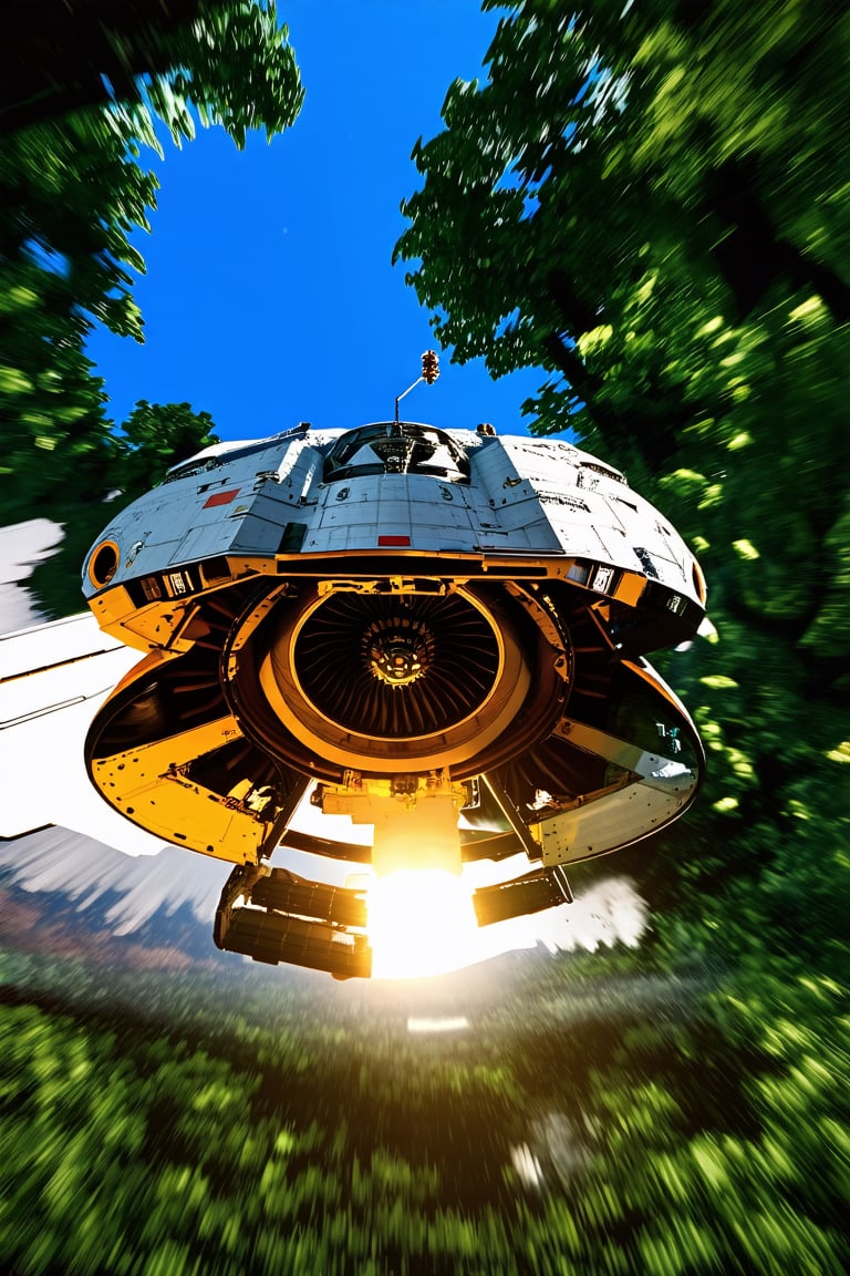 realistic photo of starship,flying over Amazon forest at high speed,rear view,thrusts fromjet engine,sunset, ek_ph0t0_b00ster,ek_real_b00ster,ek_art_b00ster,ek_raz0r_cre5t,ek_rcr3ar
