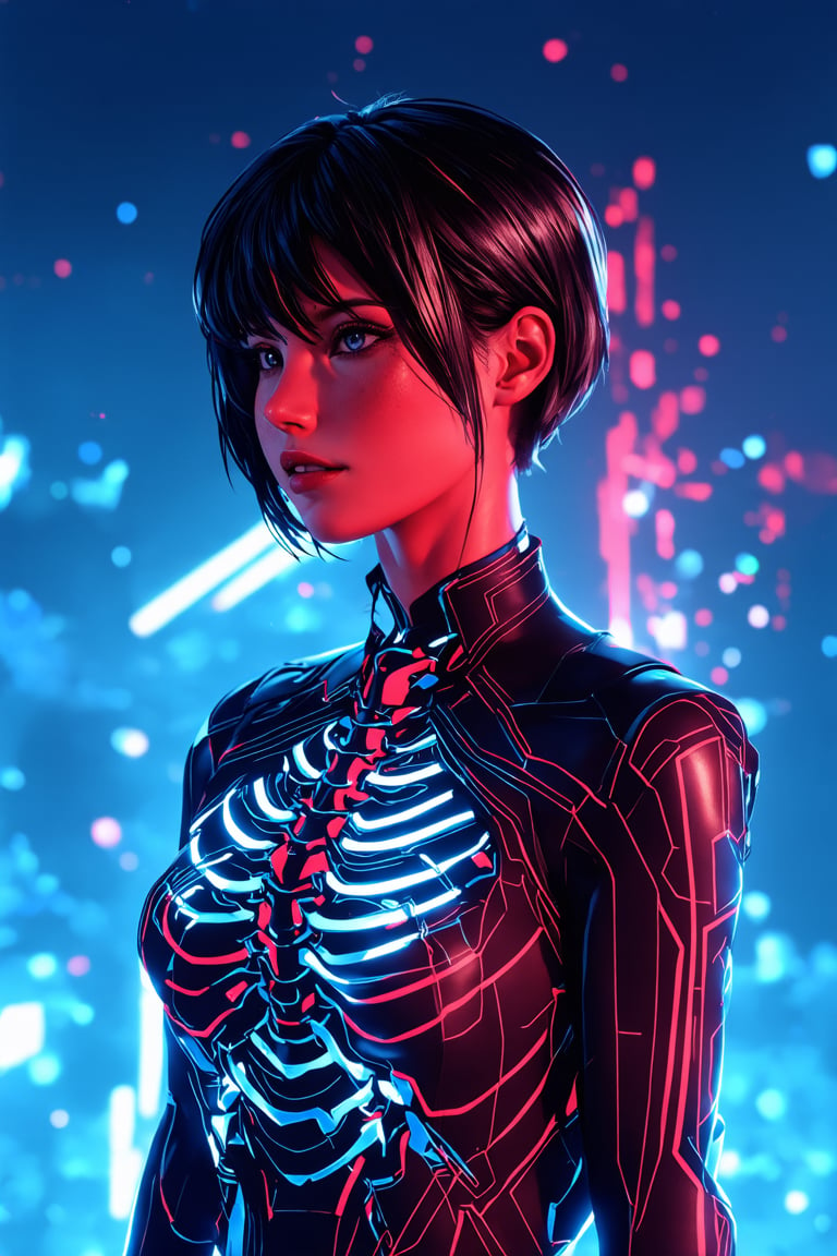 best quality, 4K, 8K, high-resolution, masterpiece, ultra-detailed, photorealistic, an image of a woman in a robot suit with glowing red lines running down her chest and arms, showing off her body, 1girl, looking at viewer, short hair, black hair, upper body, blurry, lips, blurry background, science fiction, realistic, straight-on, android, cable, ribs, mechanical parts, cyberpunk, spine
