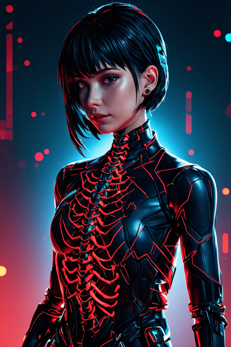 best quality, 4K, 8K, high-resolution, masterpiece, ultra-detailed, photorealistic, an image of a woman in a robot suit with glowing red lines running down her chest and arms, showing off her body, 1girl, looking at viewer, short hair, black hair, upper body, blurry, lips, blurry background, science fiction, realistic, straight-on, android, cable, ribs, mechanical parts, cyberpunk, spine
