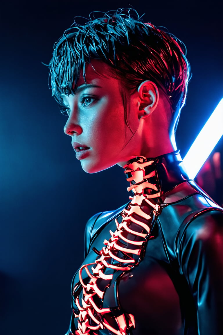 best quality, 4K, 8K, high-resolution, masterpiece, ultra-detailed, photorealistic, an image of a woman in a robot suit with glowing red lines running down her chest and arms, showing off her body, 1girl, looking at viewer, short hair, black hair, upper body, blurry, lips, blurry background, science fiction, realistic, straight-on, android, cable, ribs, mechanical parts, cyberpunk, spine
