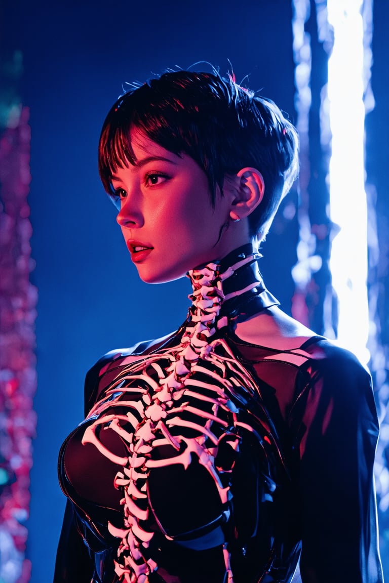 best quality, 4K, 8K, high-resolution, masterpiece, ultra-detailed, photorealistic, an image of a woman in a robot suit with glowing red lines running down her chest and arms, showing off her body, 1girl, looking at viewer, short hair, black hair, upper body, blurry, lips, blurry background, science fiction, realistic, straight-on, android, cable, ribs, mechanical parts, cyberpunk, spine
