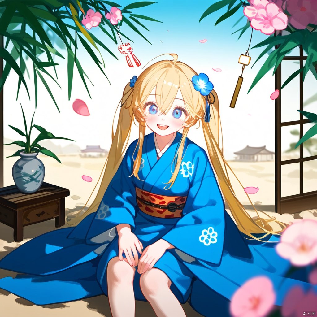  1girl, solo, best quality, sitting, smile, tanabata, tanzaku, closed mouth, blue eyes, hair between eyes, blonde hair, very long hair, gradient hair, bangs, hair flower, twintails, ahoge, blue kimono, wide sleeves, long sleeves, animal print, obi, wind chime, petals, potted plant, bamboo, sandals, yukata, leaf