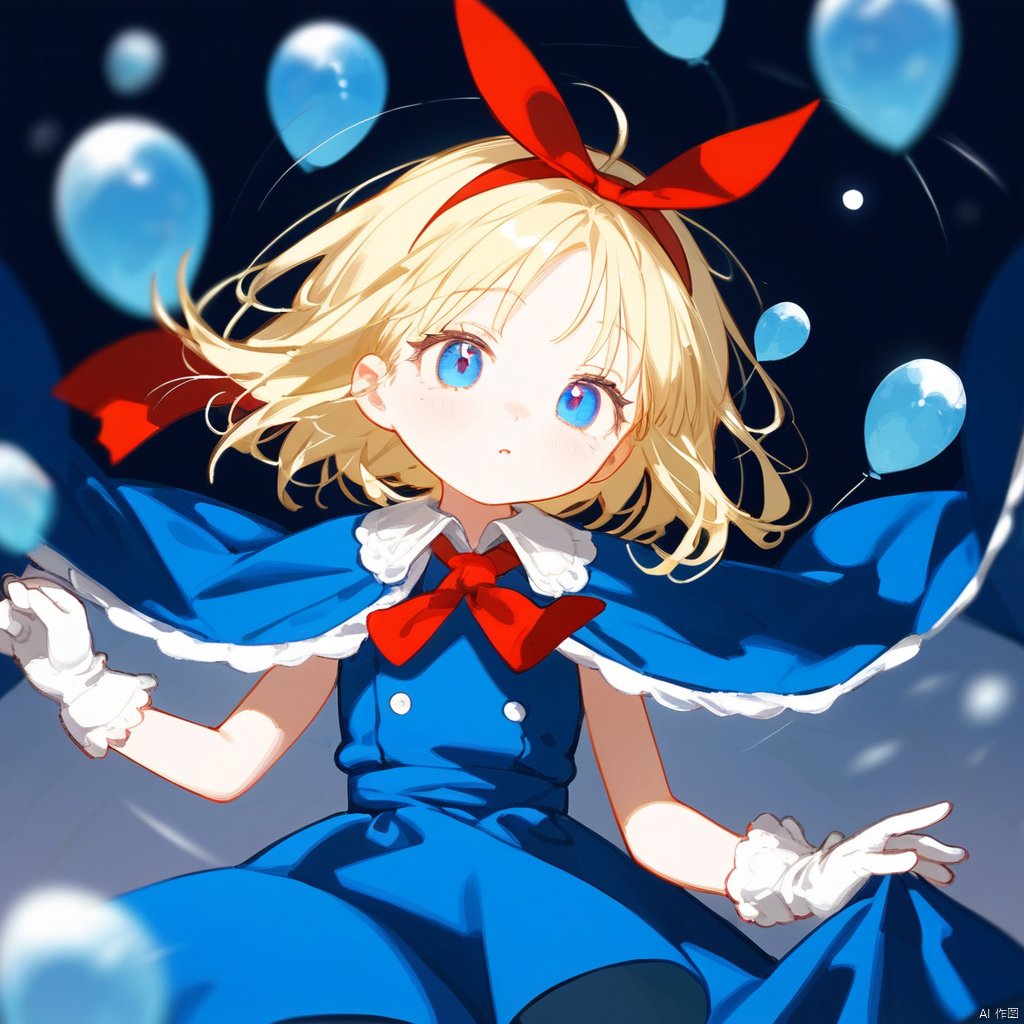  1girl, alice margatroid, solo, best quality, blue eyes, blonde hair, short hair, red hairband, blue dress, gloves, ribbon, capelet, depth of field, red neckwear, bubble