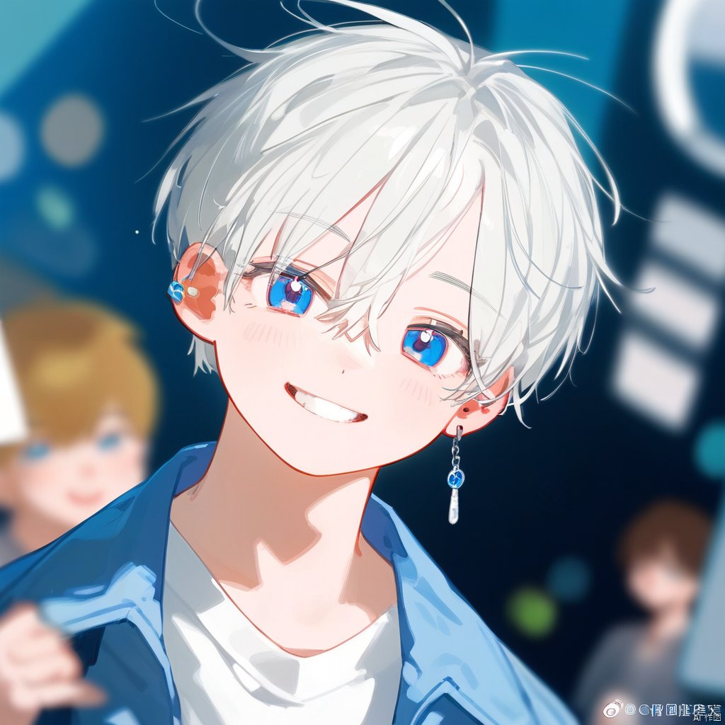  1boy, solo, best quality, portrait, blurry background, male focus, looking at viewer, smile, hair between eyes, eyelashes, white hair, bangs, earrings, blurry foreground, depth of field, motion blur