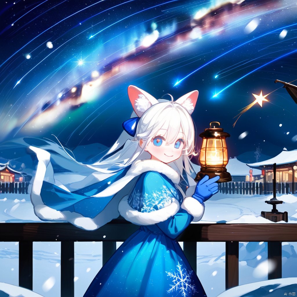  1girl, solo, best quality, starry background, from side, looking at viewer, smile, blush, animal ears, blue eyes, hair between eyes, long hair, white hair, ponytail, bangs, blue gloves, blue dress, long sleeves, fur-trimmed sleeves, snowing, outdoors, lantern, blue bow, railing, blue capelet, hand up, night sky, star \(sky\), shooting star, milky way, starry sky print, space, aurora, light particles, constellation, galaxy, city lights, fireworks, winter, christmas lights, lamppost, fireflies, mittens, planet, star \(symbol\), telescope, snowflakes