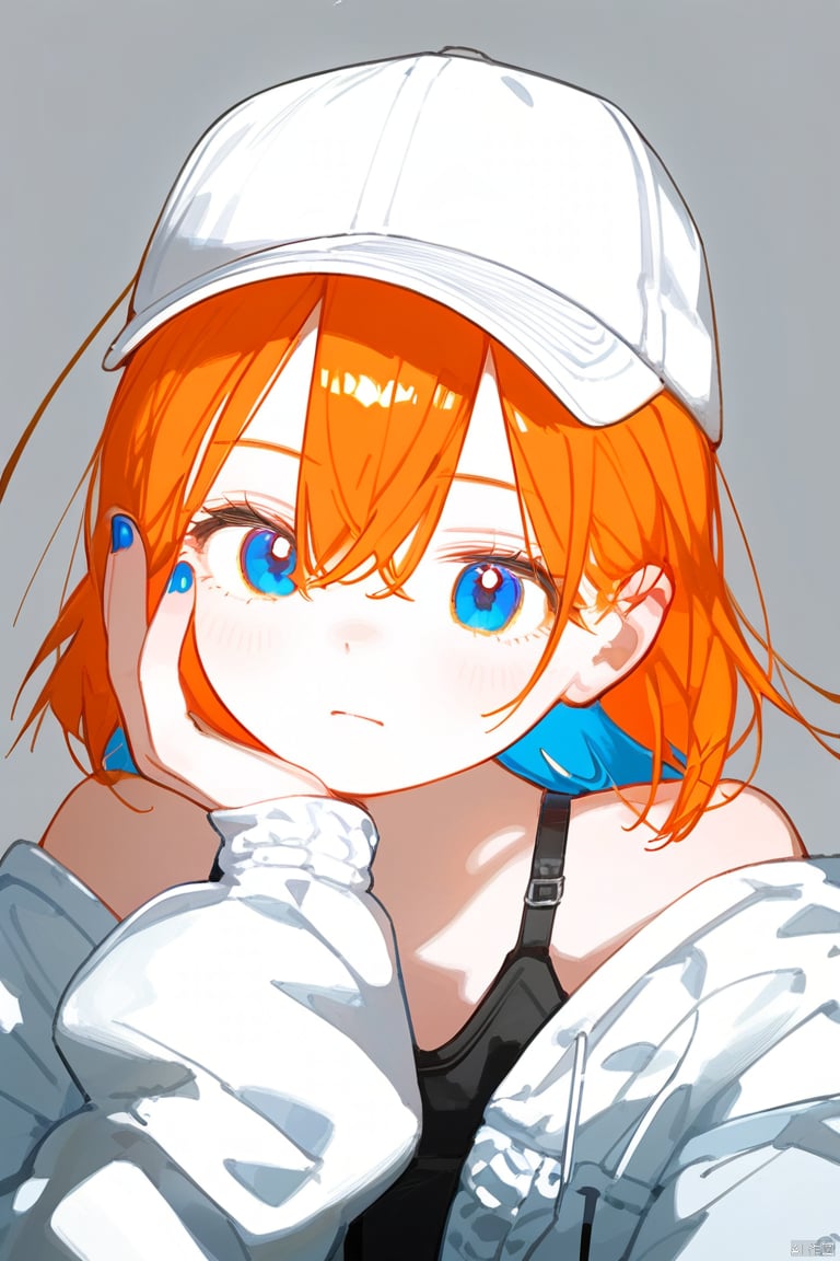  1girl, solo, best quality, aesthetic, white background, simple background, from side, upper body, looking at viewer, hair between eyes, orange eyes, white hair, orange hair, blue hair, short hair, two-tone hair, colored inner hair, bangs, breasts, baseball cap, jacket, white shirt, long sleeves, off shoulder, bare shoulders, orange nails, nail polish, blue nails, fingernails, multicolored nails, white headwear, hand on own face, spoken heart