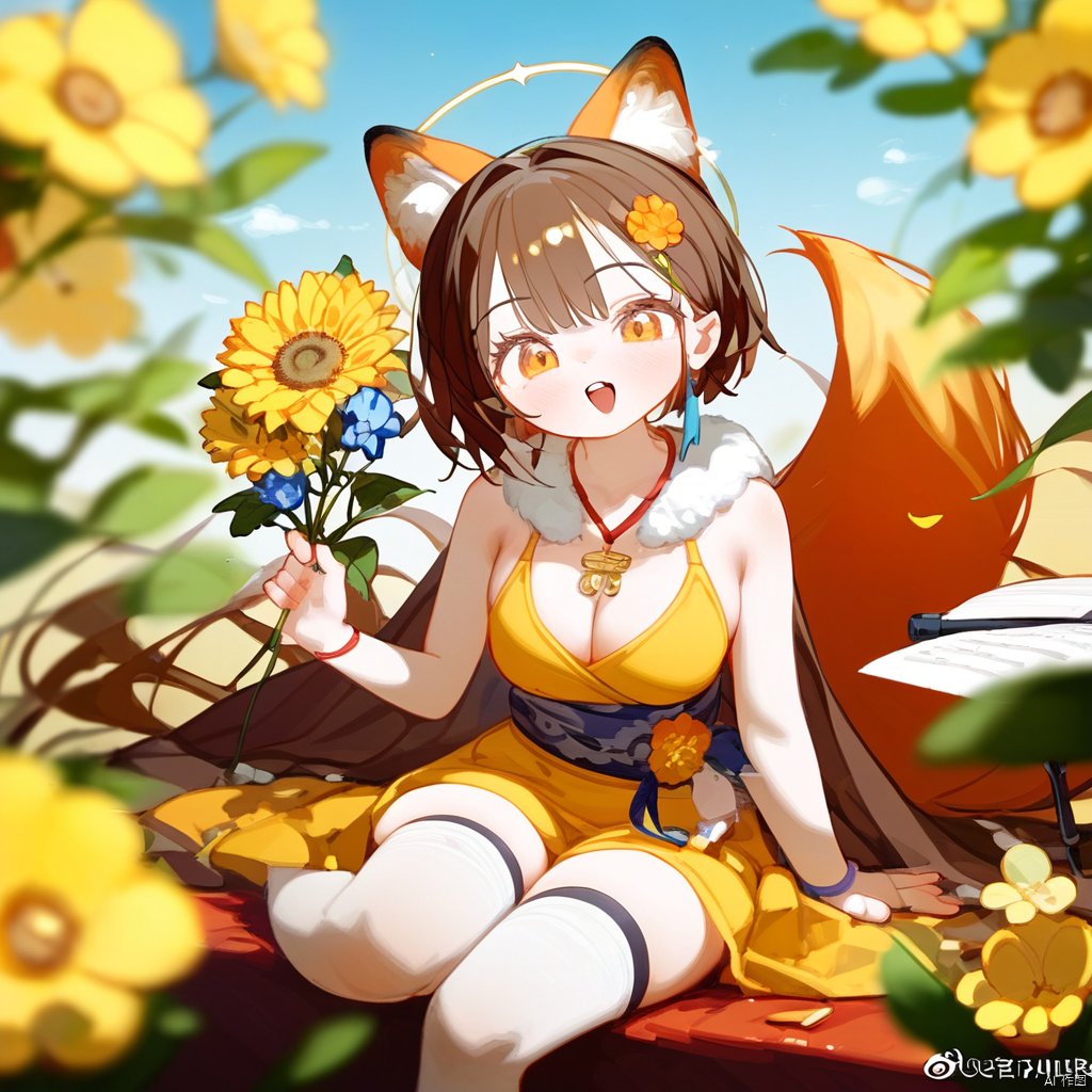  1girl, fox girl, izuna \(blue archive\), virtual youtuber, solo, textured skin, best quality, upper body, looking at viewer, holding flower, blush, animal ear fluff, fox tail, fox ears, open mouth, yellow eyes, eyeshadow, brown hair, short hair, sunflower hair ornament, hairband, medium breasts, striped bikini, visor cap, scarf, halo, fang, fox shadow puppet, yellow rose, orange flower, :d