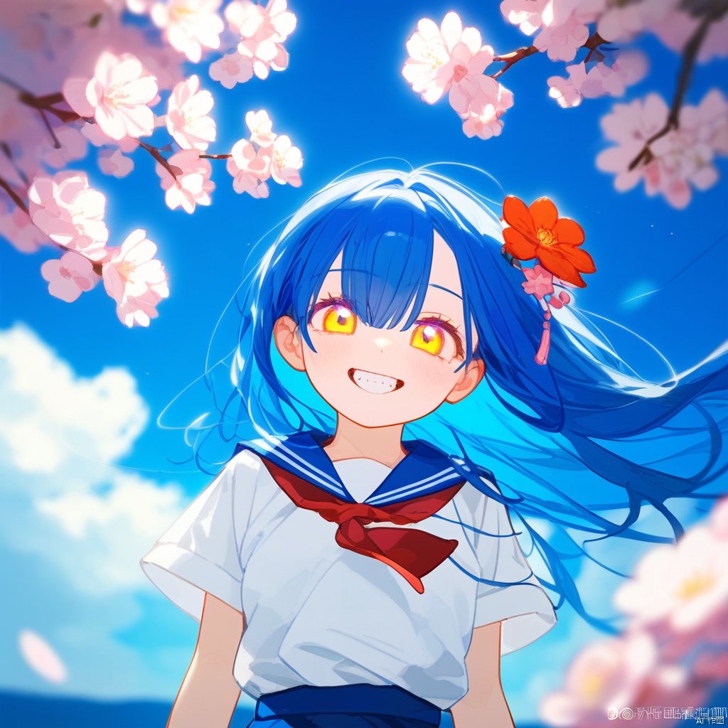  1girl, solo, best quality, detailed, colorful, blue background, upper body, looking at viewer, grin, teeth, hair between eyes, multicolored eyes, yellow eyes, long hair, blue hair, multicolored hair, floating hair, hair flower, bangs, white shirt, serafuku, short sleeves, sailor collar, red neckerchief, pink flower, cherry blossoms, blue sky, cloud, day, outdoors