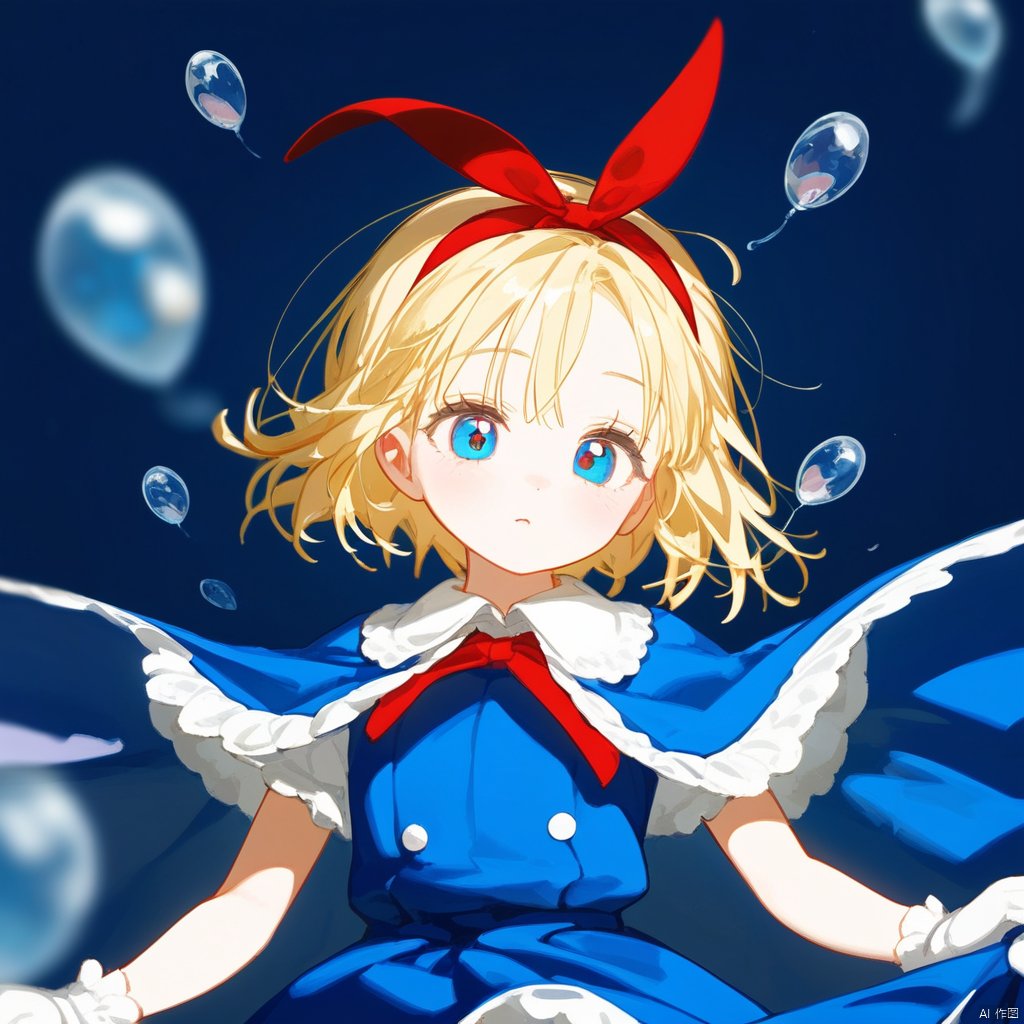  1girl, alice margatroid, solo, best quality, blue eyes, blonde hair, short hair, red hairband, blue dress, gloves, ribbon, capelet, depth of field, red neckwear, bubble