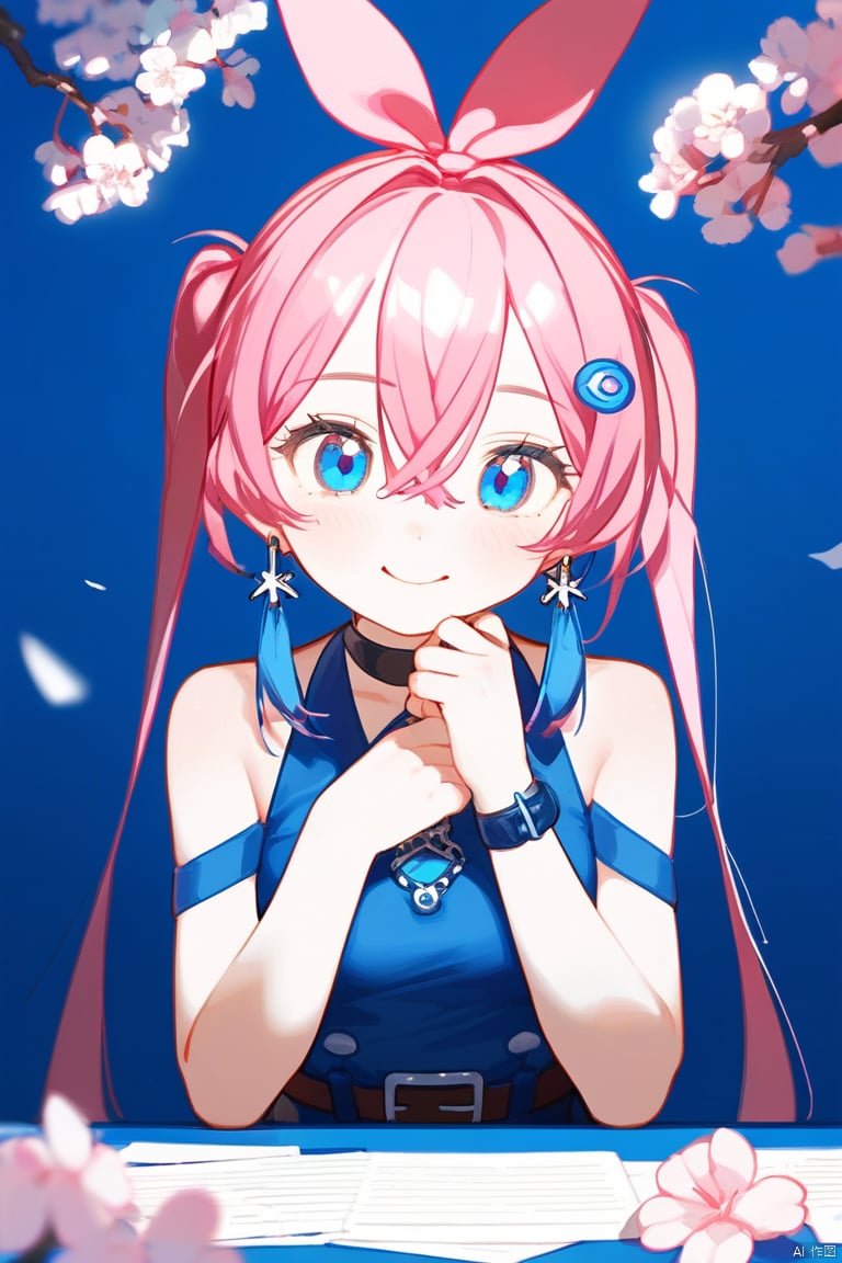  1girl, blue poison \(arknights\), blue poison \(shoal beat\) \(arknights\), solo, best quality, portrait, white background, simple background, looking at viewer, smile, closed mouth, blue eyes, hair over one eye, pink hair, long hair, bangs, twin braids, hairband, bare shoulders, earrings, o-ring choker, pink choker, official alternate costume