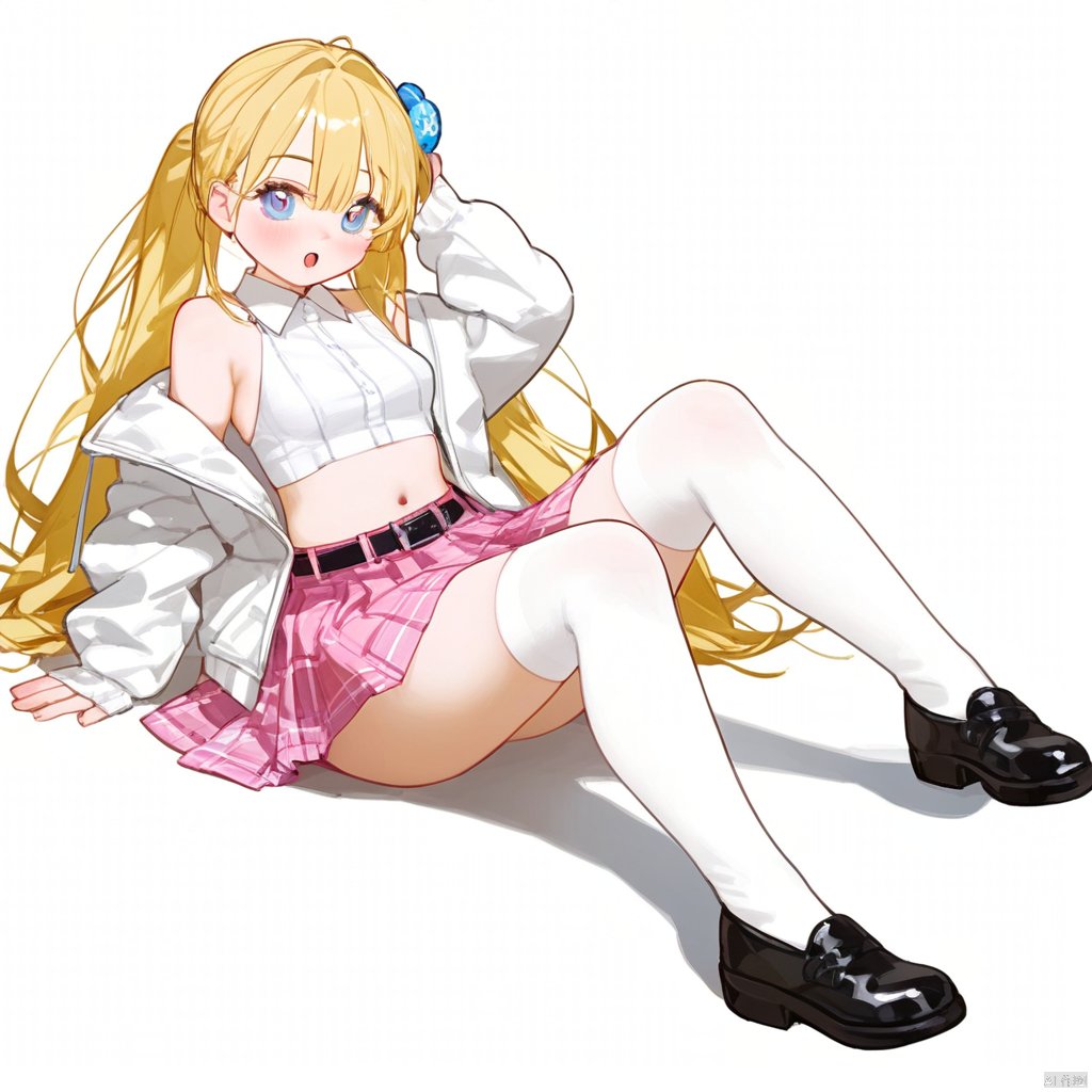  1girl, solo, best quality, white background, simple background, sitting, looking at viewer, open mouth, hair between eyes, blonde hair, very long hair, two side up, bangs, hair ornament, medium breasts, navel, thigh strap, white thighhighs, pink skirt, pleated skirt, white jacket, open clothes, white legwear, sleeveless shirt, off shoulder, long sleeves, belt, bare shoulders, midriff, crop top, miniskirt, :d