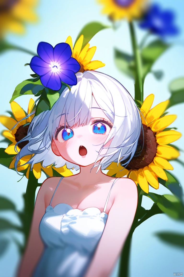 1girl, solo, best quality, portrait, blurry background, looking at viewer, open mouth, blue eyes, white hair, purple flower, sunflower, blurry foreground, depth of field, motion blur
